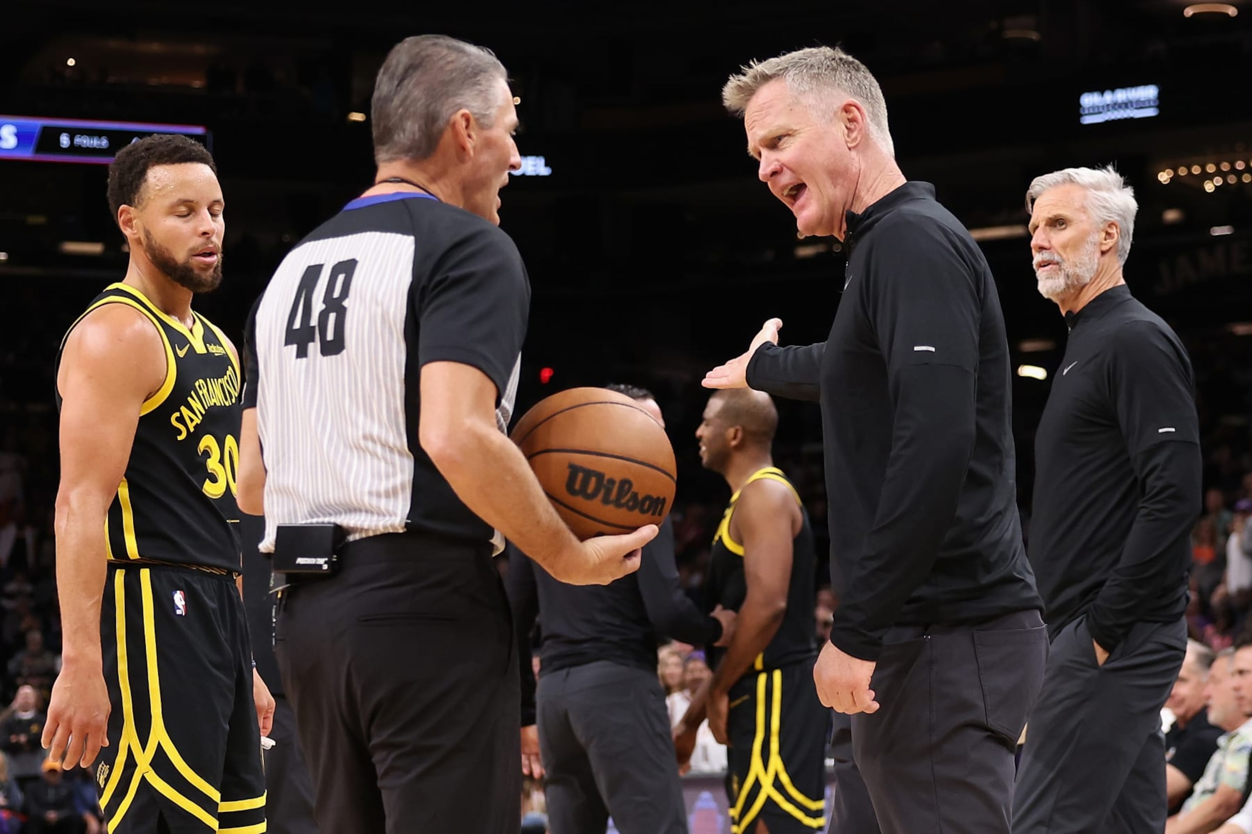 PHOENIX, ARIZONA - NOVEMBER 22: Head coach Steve Kerr of the Golden State Warriors reacts to referee Scott Foster #48 during the first half of the NBA game at Footprint Center on November 22, 2023 in Phoenix, Arizona. NOTE TO USER: User expressly acknowledges and agrees that, by downloading and or using this photograph, User is consenting to the terms and conditions of the Getty Images License Agreement.  (Photo by Christian Petersen/Getty Images)