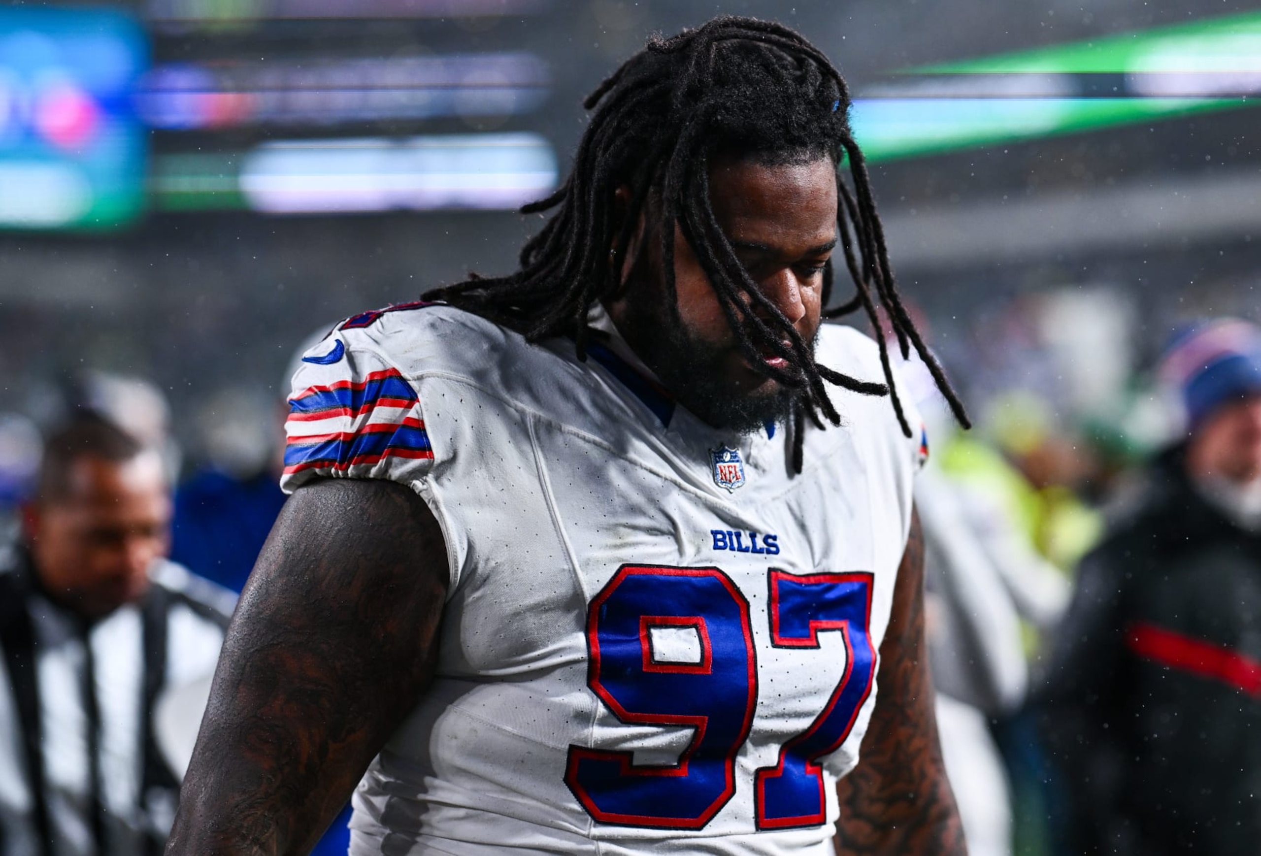 PHILADELPHIA, PA - NOVEMBER 26: Buffalo Bills Defensive Tackle Jordan Phillips (97) leaves the field after the first half during the game between the Buffalo Bills and Philadelphia Eagles on November 26, 2023 at Lincoln Financial Field in Philadelphia, PA. (Photo by Kyle Ross/Icon Sportswire via Getty Images) PHILADELPHIA, PA - NOVEMBER 26: Buffalo Bills Defensive Tackle Jordan Phillips (97) leaves the field after the first half during the game between the Buffalo Bills and Philadelphia Eagles on November 26, 2023 at Lincoln Financial Field in Philadelphia, PA. (Photo by Kyle Ross/Icon Sportswire via Getty Images)