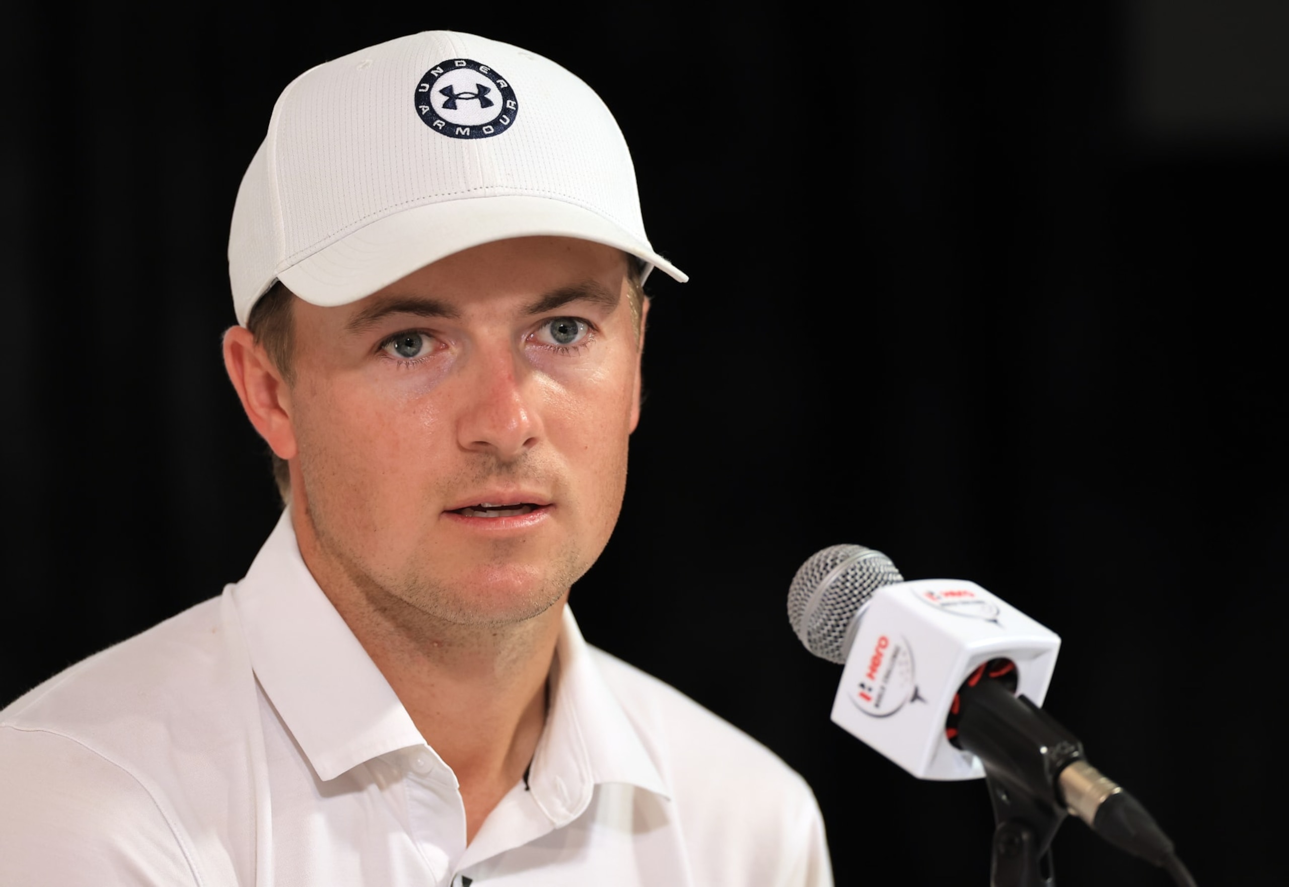 NASSAU, BAHAMAS - NOVEMBER 28: Jordan Spieth of The United States speaks to the media during his pre-tournament media conference prior to the Hero World Challenge at Albany Golf Course on November 28, 2023 in Nassau, . (Photo by David Cannon/Getty Images)