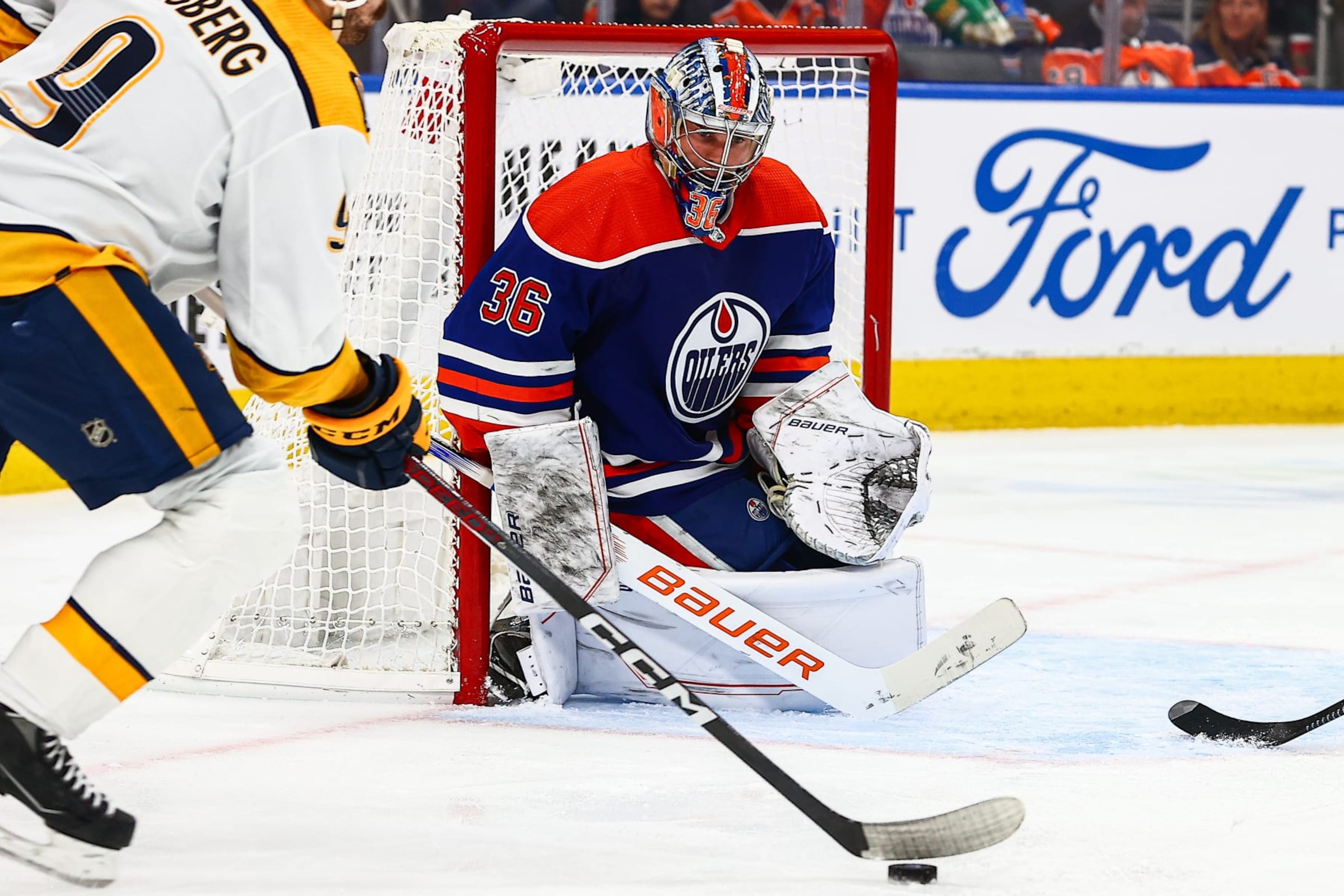 EDMONTON, AB - NOVEMBER 04: Edmonton Oilers Goalie Jack Campbell (36) stops Nashville Predators  Left Wing Filip Forsberg (9) in the second period of the Edmonton Oilers game versus the Nashville Predators on November 4, 2023 at Rogers Place in Edmonton, AB. (Photo by Curtis Comeau/Icon Sportswire via Getty Images)