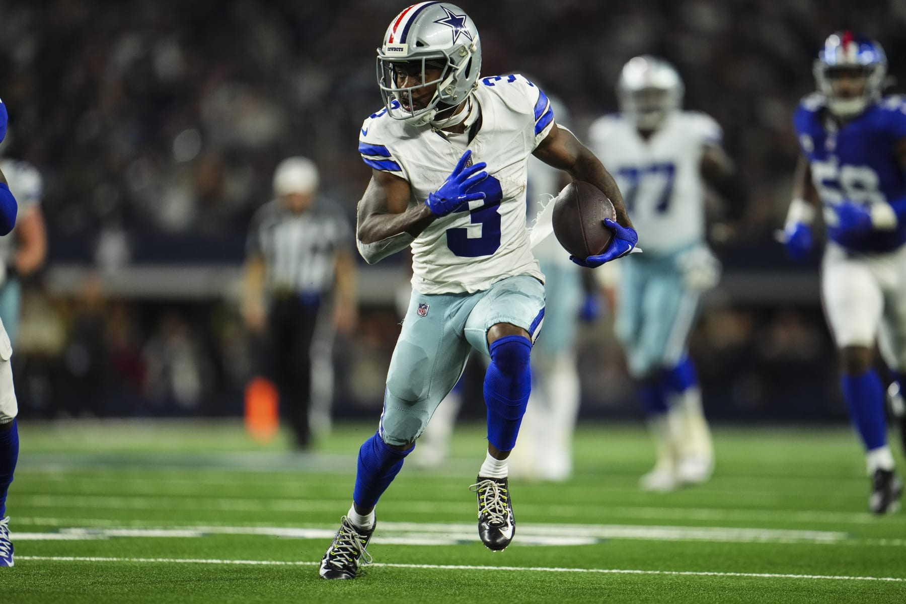 ARLINGTON, TX - NOVEMBER 12: Brandin Cooks #3 of the Dallas Cowboys runs the ball during an NFL football game against the New York Giants at AT&T Stadium on November 12, 2023 in Arlington, Texas. (Photo by Cooper Neill/Getty Images)