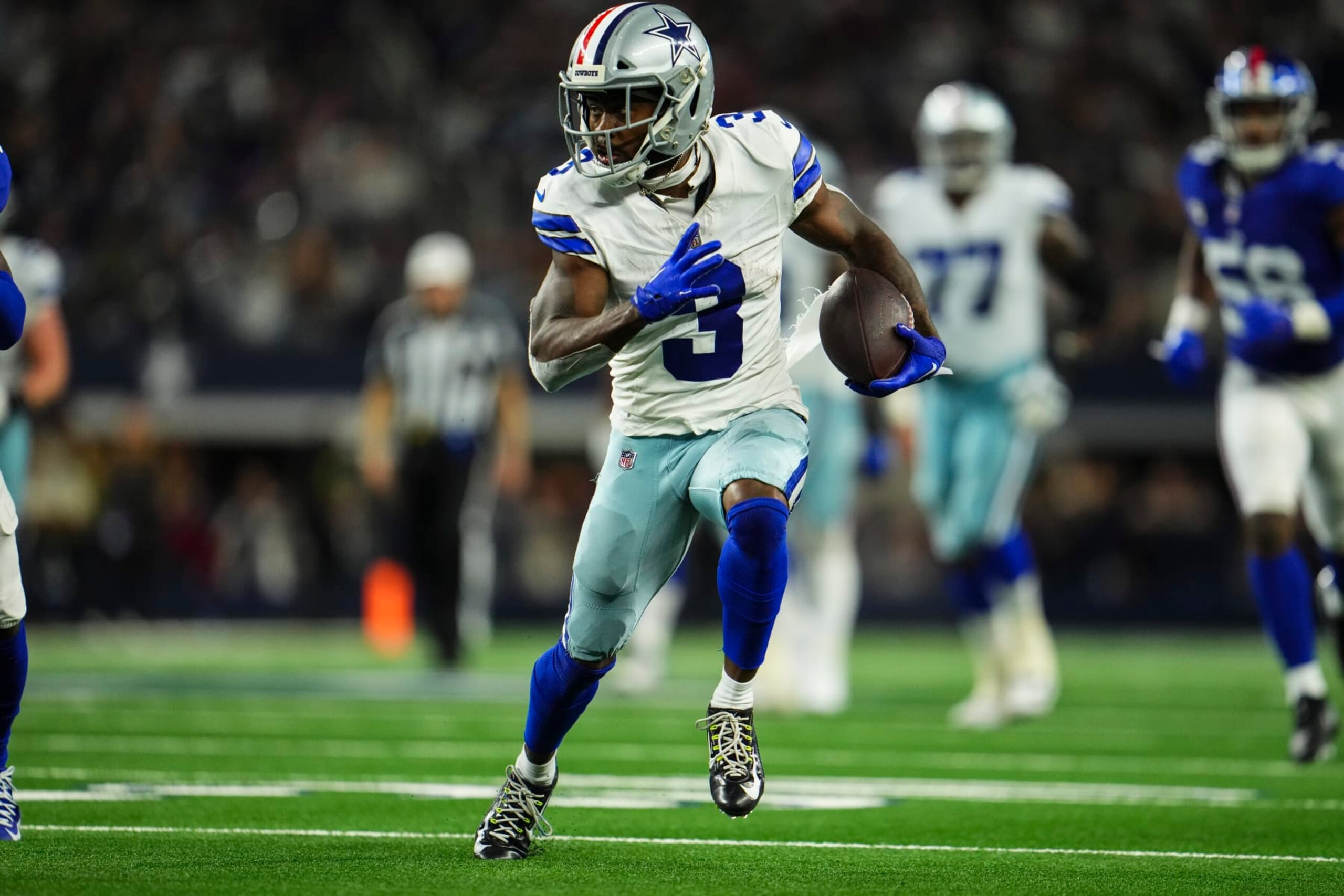 ARLINGTON, TX - NOVEMBER 12: Brandin Cooks #3 of the Dallas Cowboys runs the ball during an NFL football game against the New York Giants at AT&T Stadium on November 12, 2023 in Arlington, Texas. (Photo by Cooper Neill/Getty Images)