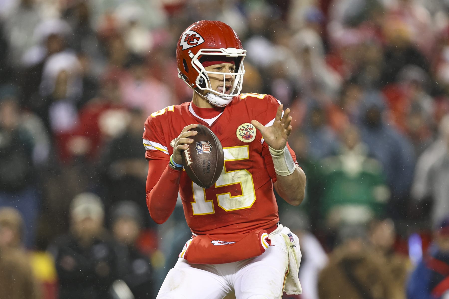 KANSAS CITY, MO - NOVEMBER 20: Patrick Mahomes #15 of the Kansas City Chiefs drops back to pass during an NFL football game against the Philadelphia Eagles at GEHA Field at Arrowhead Stadium on November 20, 2023 in Kansas City, Missouri. (Photo by Perry Knotts/Getty Images)