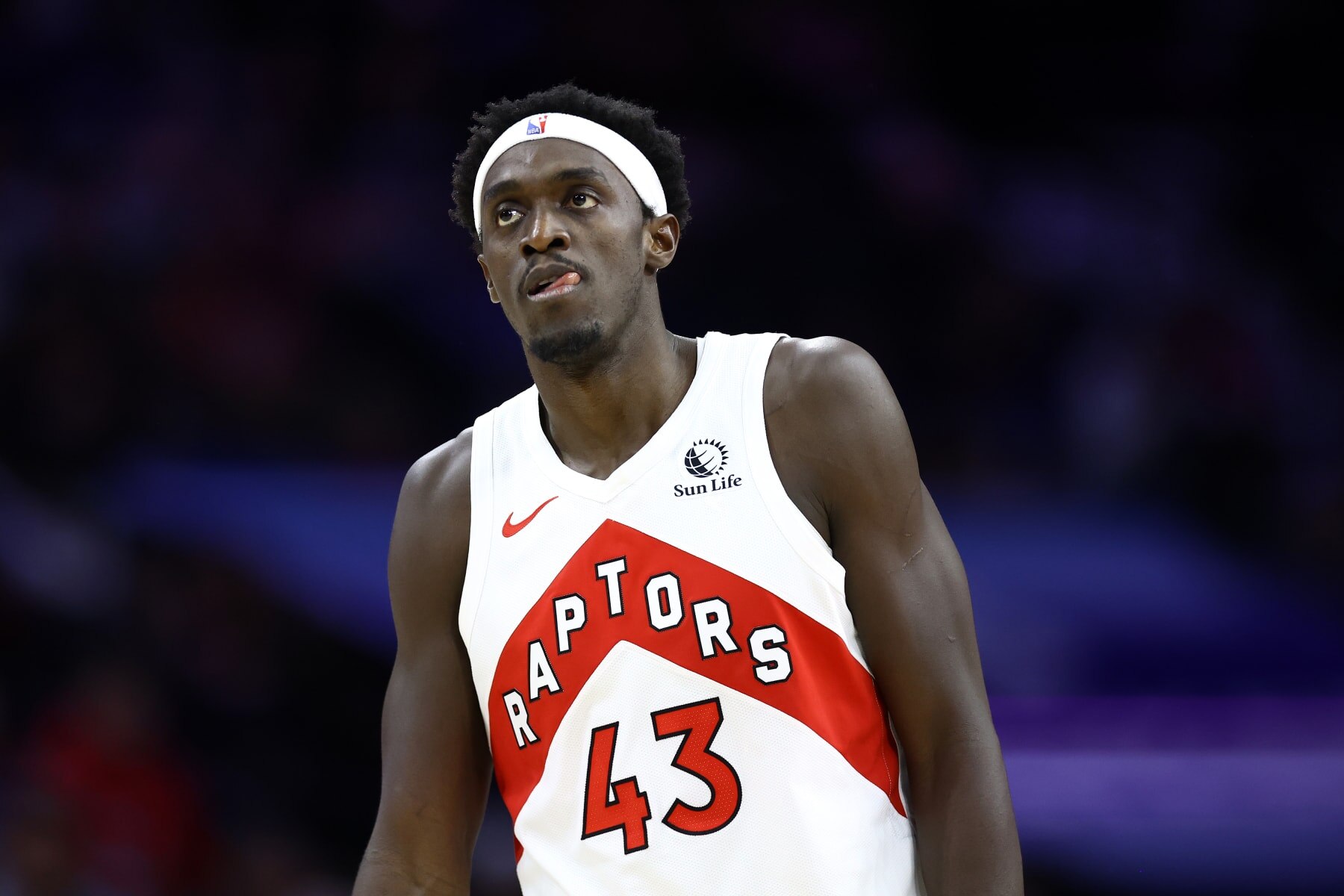 PHILADELPHIA, PENNSYLVANIA - NOVEMBER 02: Pascal Siakam #43 of the Toronto Raptors looks on during the second quarter against the Philadelphia 76ers at the Wells Fargo Center on November 02, 2023 in Philadelphia, Pennsylvania. NOTE TO USER: User expressly acknowledges and agrees that, by downloading and or using this photograph, User is consenting to the terms and conditions of the Getty Images License Agreement. (Photo by Tim Nwachukwu/Getty Images)