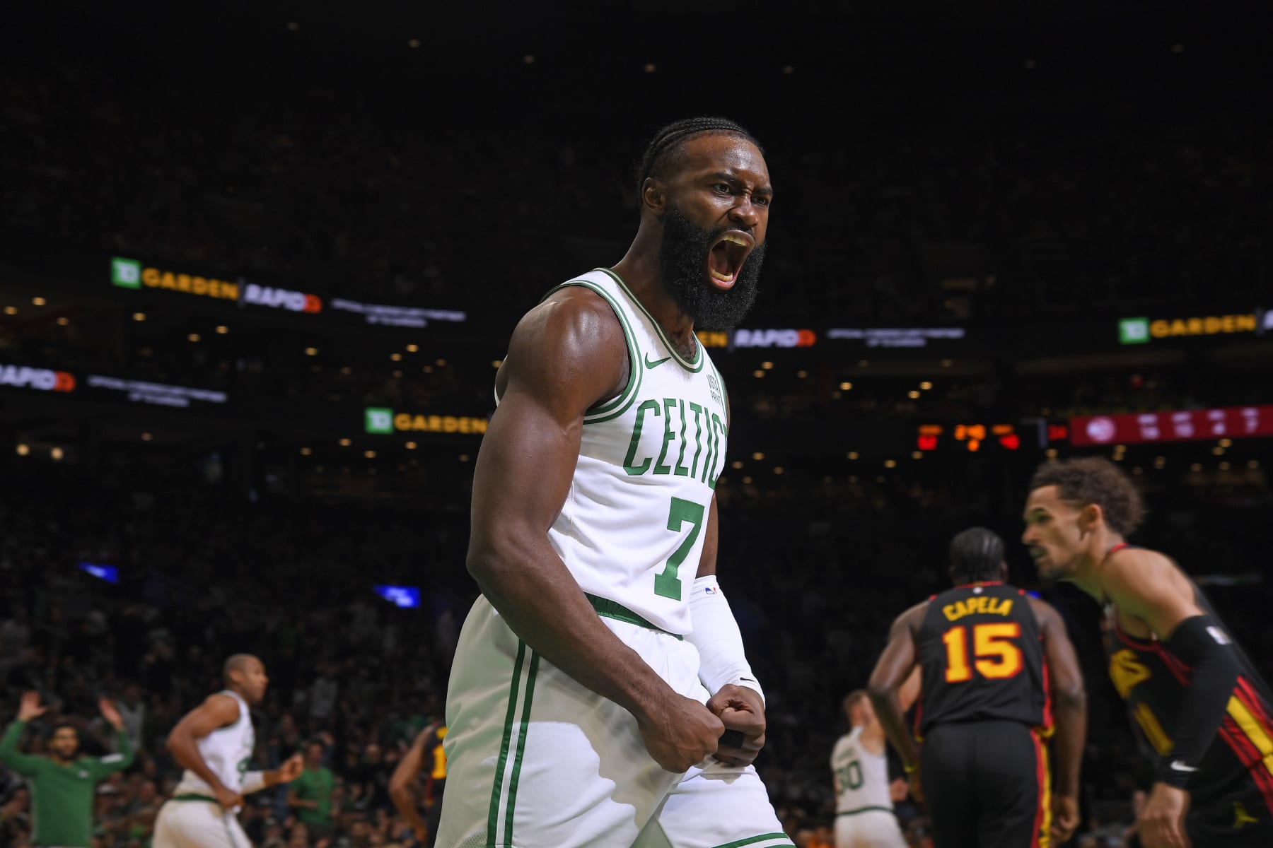 BOSTON, MA - November 26: Jaylen Brown #7 of the Boston Celtics celebrates during the game against the Atlanta Hawks on November 26, 2023 at the TD Garden in Boston, Massachusetts. NOTE TO USER: User expressly acknowledges and agrees that, by downloading and or using this photograph, User is consenting to the terms and conditions of the Getty Images License Agreement. Mandatory Copyright Notice: Copyright 2023 NBAE  (Photo by Brian Babineau/NBAE via Getty Images)