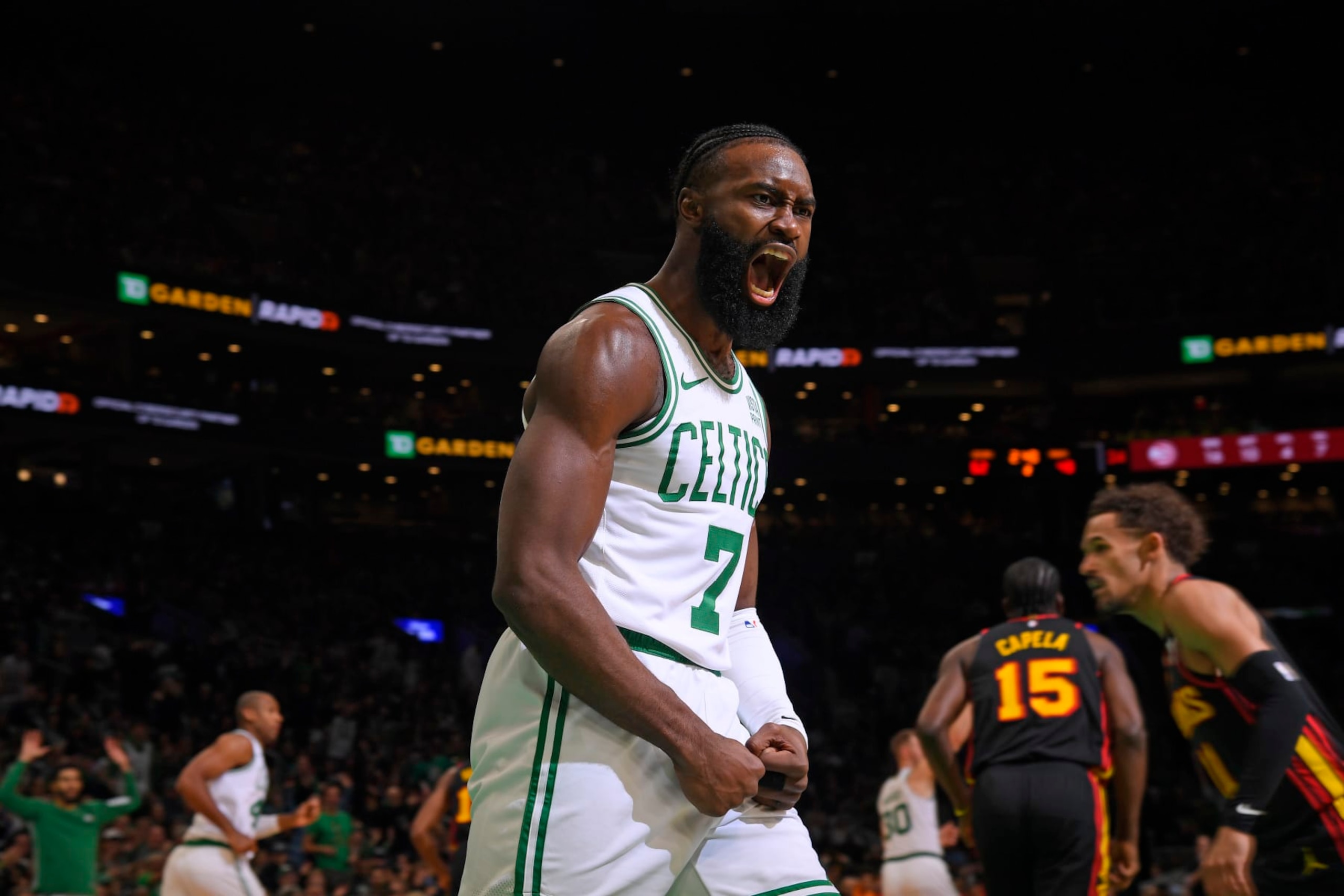 BOSTON, MA - November 26: Jaylen Brown #7 of the Boston Celtics celebrates during the game against the Atlanta Hawks on November 26, 2023 at the TD Garden in Boston, Massachusetts. NOTE TO USER: User expressly acknowledges and agrees that, by downloading and or using this photograph, User is consenting to the terms and conditions of the Getty Images License Agreement. Mandatory Copyright Notice: Copyright 2023 NBAE (Photo by Brian Babineau/NBAE via Getty Images) BOSTON, MA - November 26: Jaylen Brown #7 of the Boston Celtics celebrates during the game against the Atlanta Hawks on November 26, 2023 at the TD Garden in Boston, Massachusetts. NOTE TO USER: User expressly acknowledges and agrees that, by downloading and or using this photograph, User is consenting to the terms and conditions of the Getty Images License Agreement. Mandatory Copyright Notice: Copyright 2023 NBAE (Photo by Brian Babineau/NBAE via Getty Images)