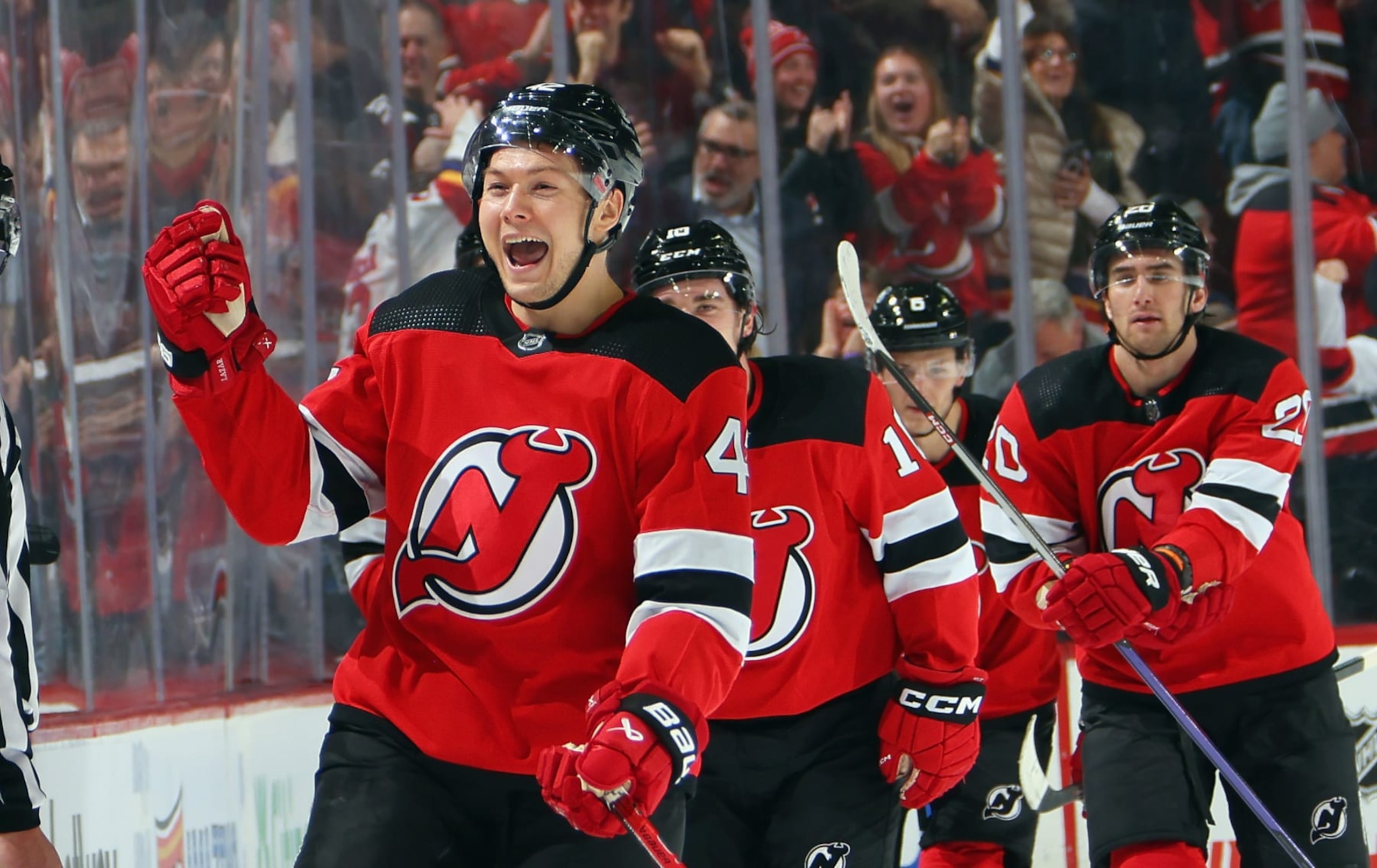 NEWARK, NEW JERSEY - NOVEMBER 28: Curtis Lazar #42 of the New Jersey Devils celebrates his game winning goal at 19:37 of the third period against Ilya Sorokin #30 of the New York Islanders  at Prudential Center on November 28, 2023 in Newark, New Jersey. The Devils defeated the Islanders 5-4. (Photo by Bruce Bennett/Getty Images)