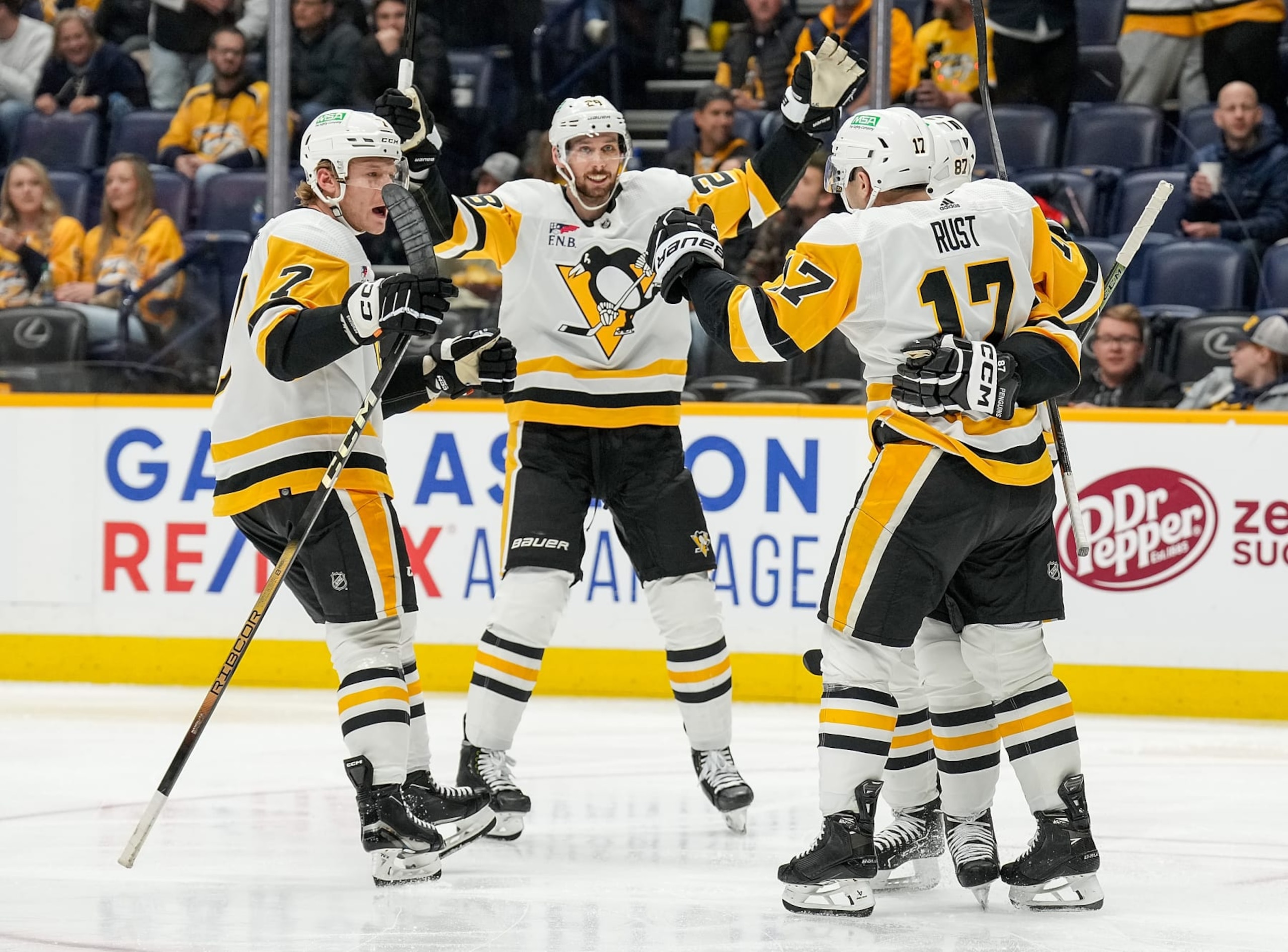 NASHVILLE, TENNESSEE - NOVEMBER 28: Bryan Rust #17 of the Pittsburgh Penguins celebrates his goal against against the Nashville Predators during an NHL game at Bridgestone Arena on November 28, 2023 in Nashville, Tennessee. (Photo by John Russell/NHLI via Getty Images)