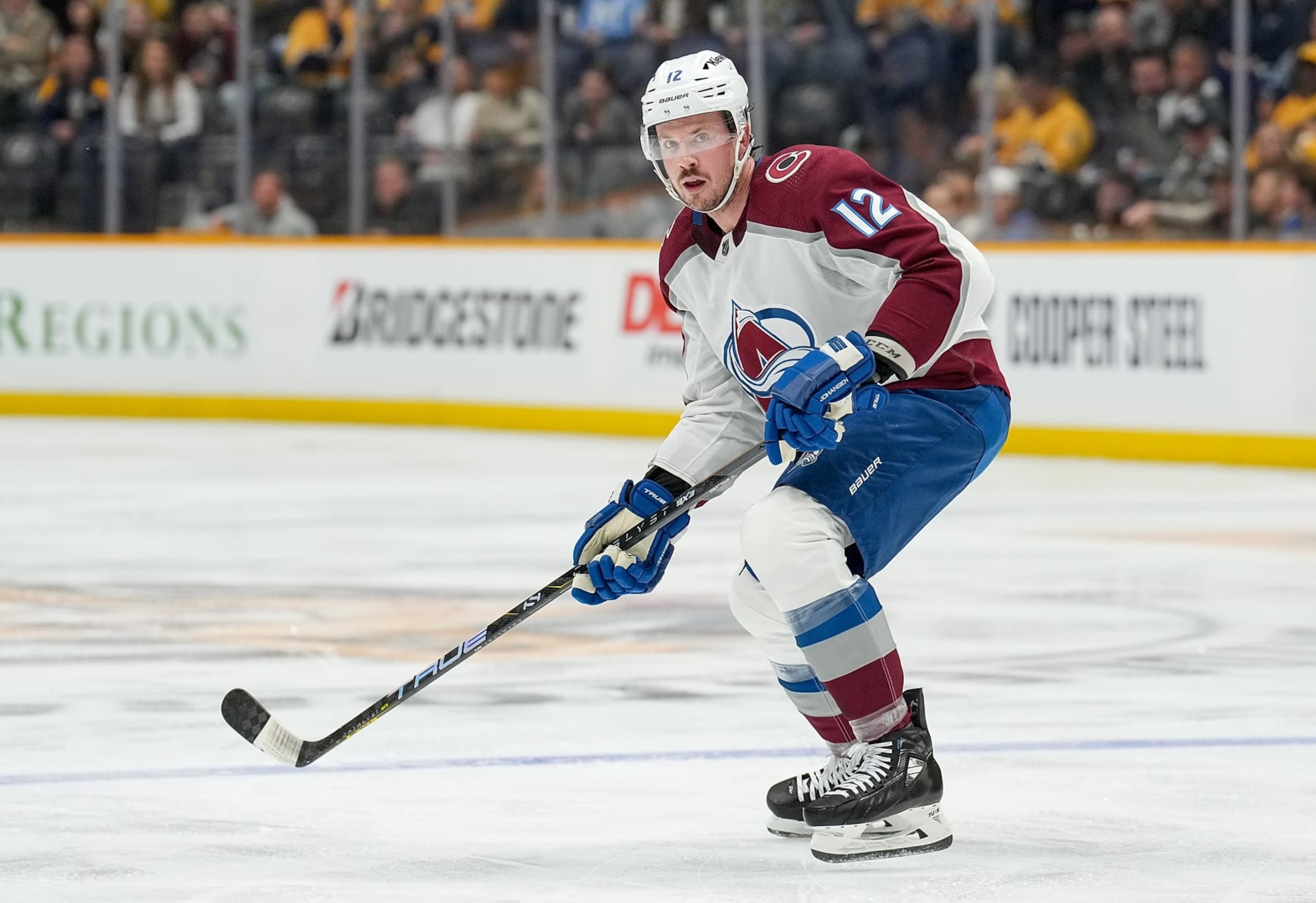 NASHVILLE, TENNESSEE - NOVEMBER 20: Ryan Johansen #12 of the Colorado Avalanche skates against the Nashville Predators during an NHL game at Bridgestone Arena on November 20, 2023 in Nashville, Tennessee. (Photo by John Russell/NHLI via Getty Images)