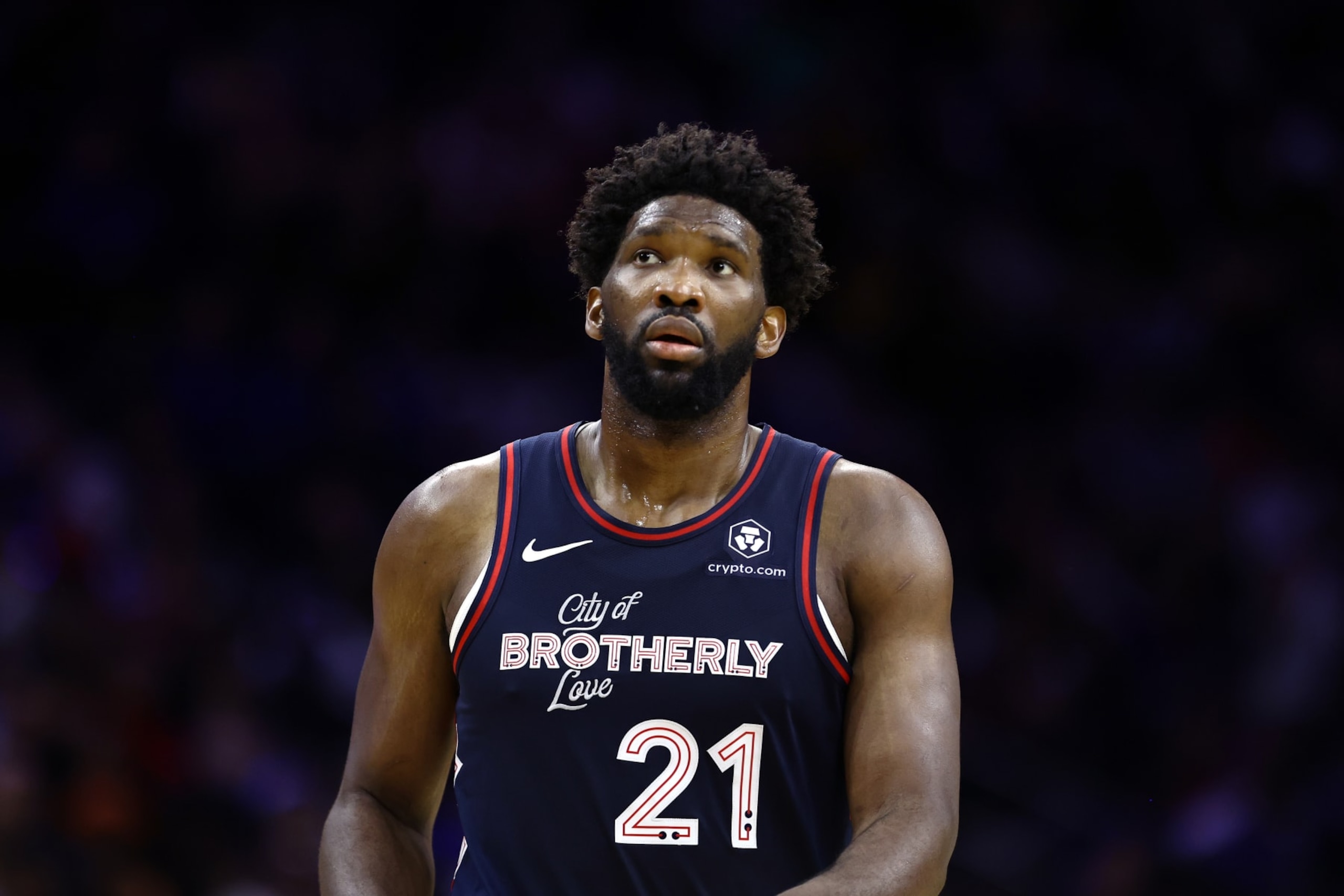 PHILADELPHIA, PENNSYLVANIA - NOVEMBER 27: Joel Embiid #21 of the Philadelphia 76ers looks on during the third quarter against the Los Angeles Lakers at the Wells Fargo Center on November 27, 2023 in Philadelphia, Pennsylvania. NOTE TO USER: User expressly acknowledges and agrees that, by downloading and or using this photograph, User is consenting to the terms and conditions of the Getty Images License Agreement. (Photo by Tim Nwachukwu/Getty Images)