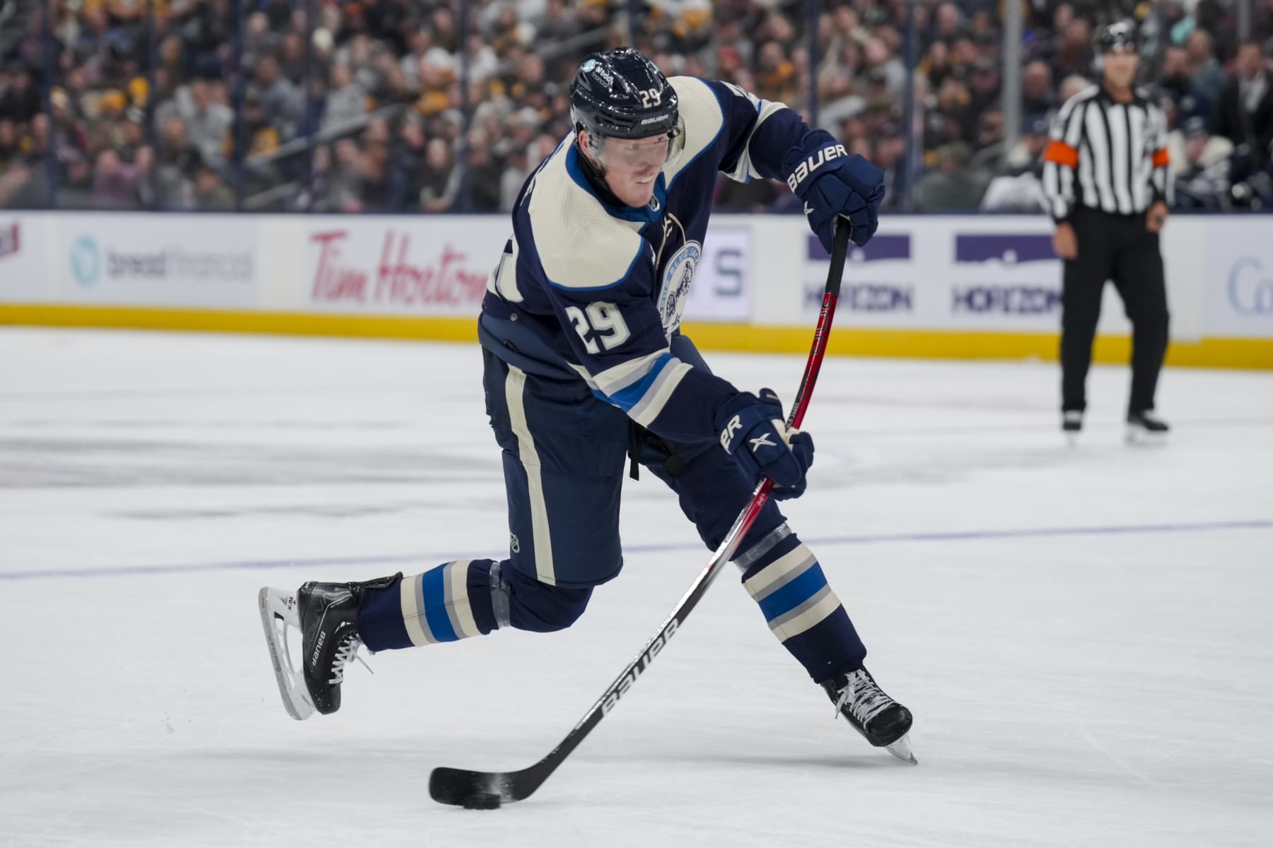 COLUMBUS, OHIO - NOVEMBER 14: Patrik Laine #29 of the Columbus Blue Jackets shoots the puck in the first period of game against the Pittsburgh Penguins at Nationwide Arena on November 14, 2023 in Columbus, Ohio. (Photo by Aaron Doster/NHLI via Getty Images)