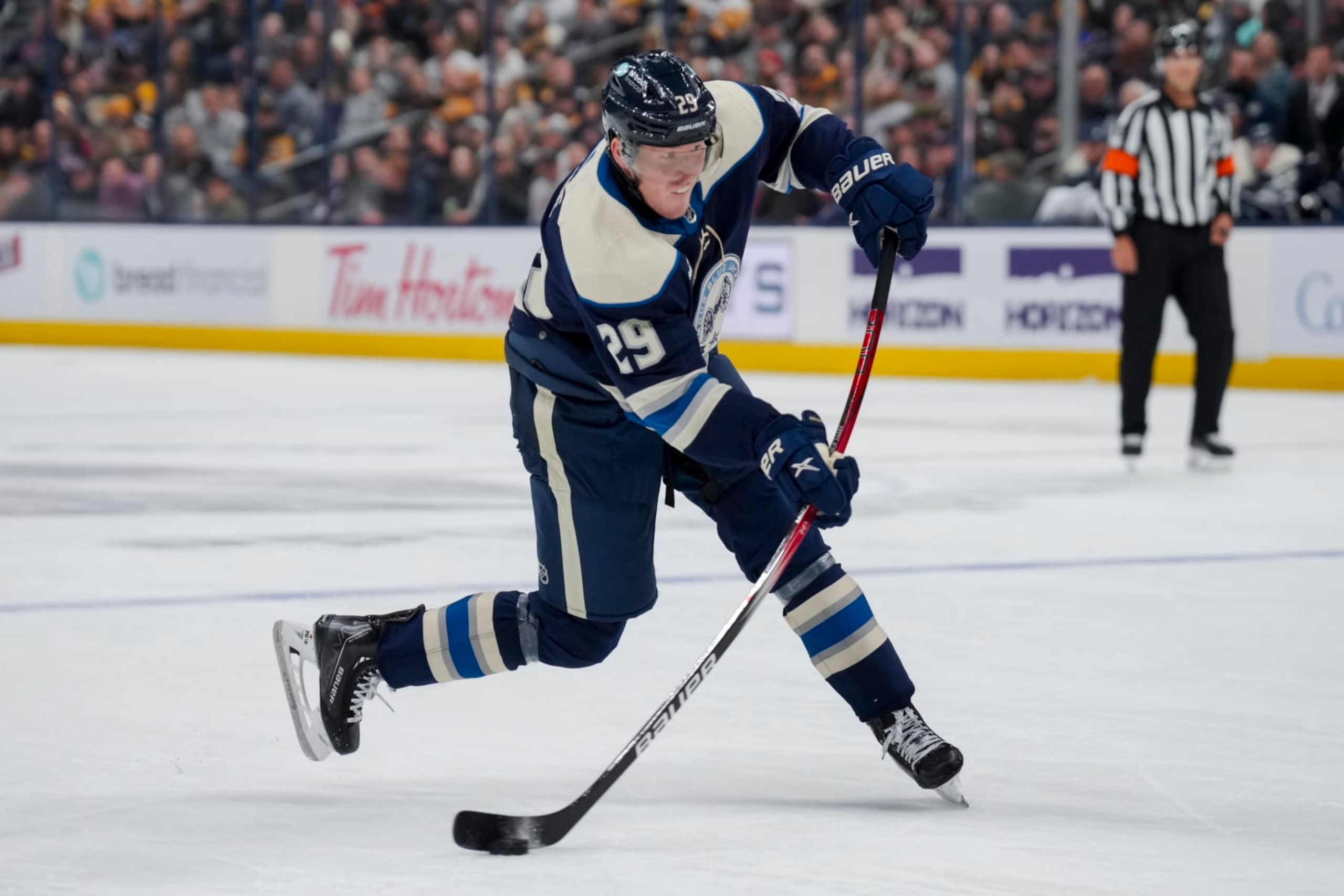 COLUMBUS, OHIO - NOVEMBER 14: Patrik Laine #29 of the Columbus Blue Jackets shoots the puck in the first period of game against the Pittsburgh Penguins at Nationwide Arena on November 14, 2023 in Columbus, Ohio. (Photo by Aaron Doster/NHLI via Getty Images)