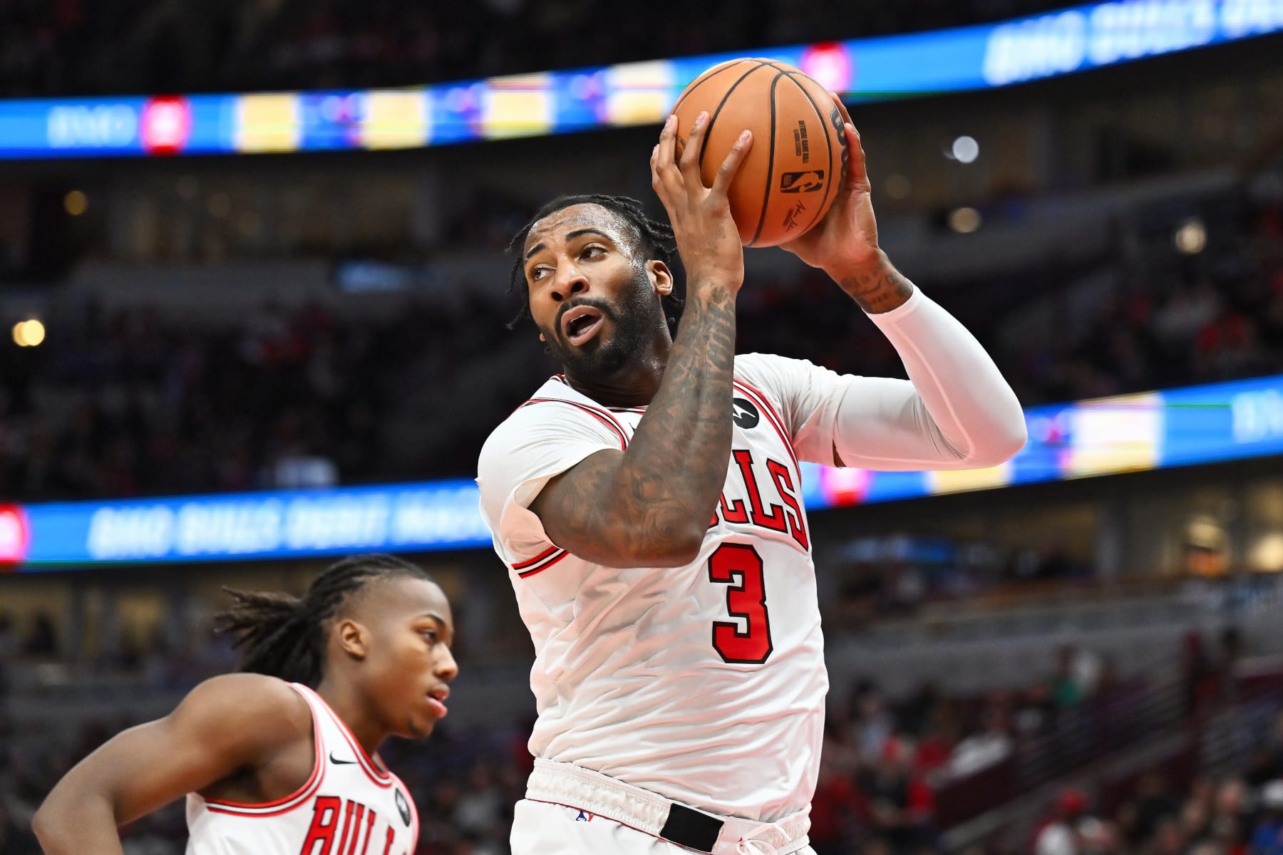 CHICAGO, ILLINOIS - NOVEMBER 15:  Andre Drummond #3 of the Chicago Bulls controls the ball against the Orlando Magic on November 15, 2023 at United Center in Chicago, Illinois.   NOTE TO USER: User expressly acknowledges and agrees that, by downloading and or using this photograph, User is consenting to the terms and conditions of the Getty Images License Agreement.  (Photo by Jamie Sabau/Getty Images)
