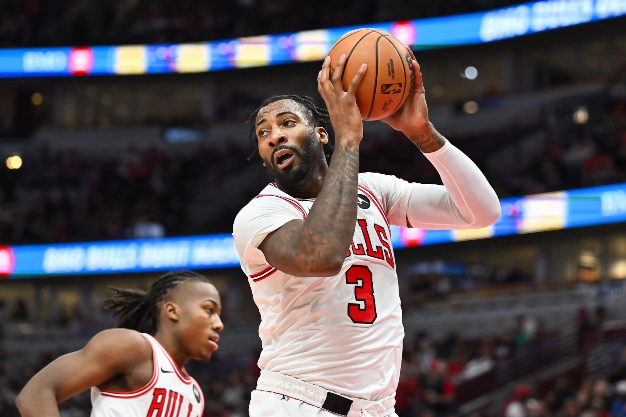 CHICAGO, ILLINOIS - NOVEMBER 15:  Andre Drummond #3 of the Chicago Bulls controls the ball against the Orlando Magic on November 15, 2023 at United Center in Chicago, Illinois.   NOTE TO USER: User expressly acknowledges and agrees that, by downloading and or using this photograph, User is consenting to the terms and conditions of the Getty Images License Agreement.  (Photo by Jamie Sabau/Getty Images)