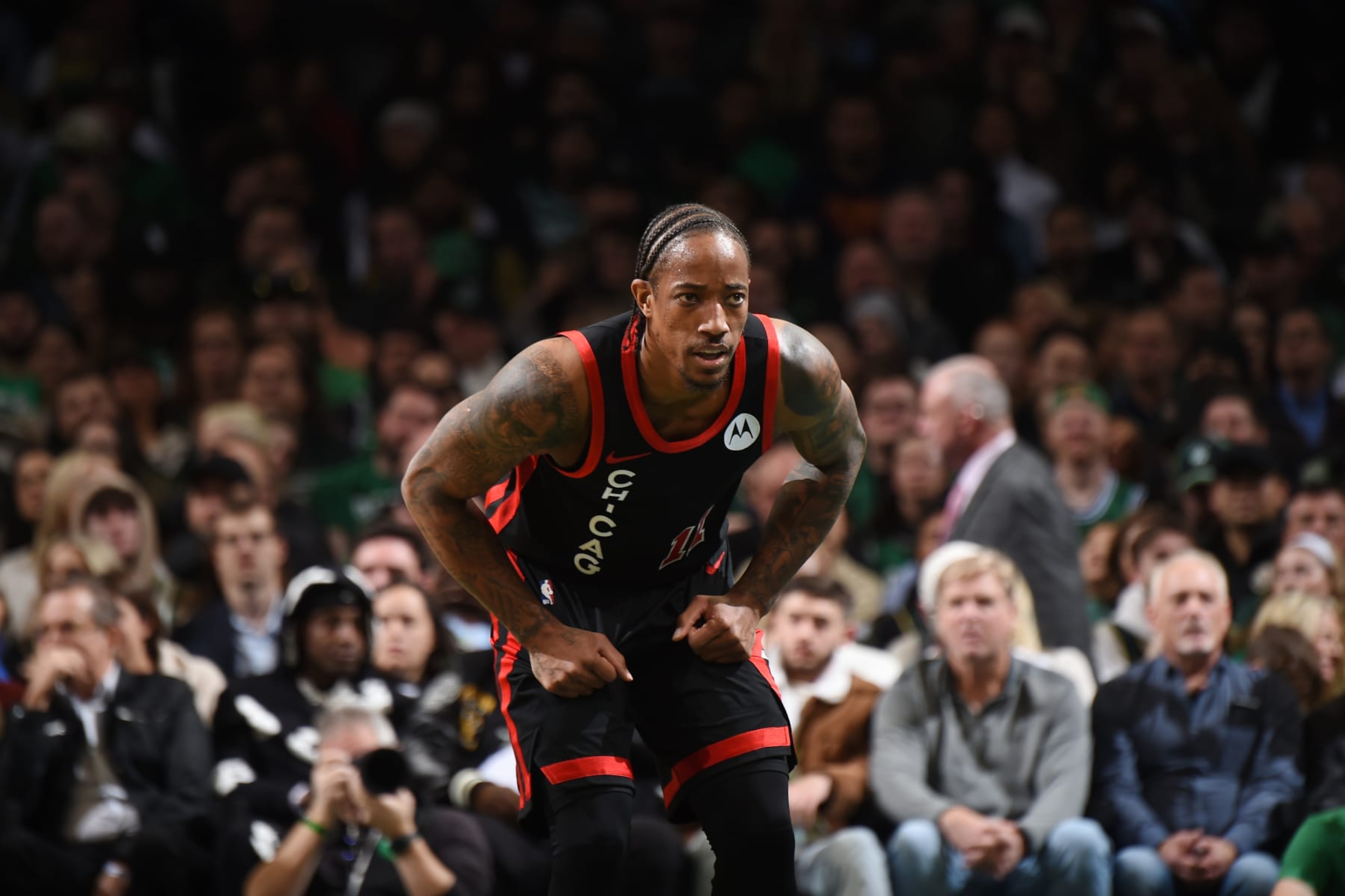 BOSTON, MA - NOVEMBER 28: DeMar DeRozan #11 of the Chicago Bulls plays defense against the Boston Celtics during the In-Season Tournament on November 28, 2023 at the TD Garden in Boston, Massachusetts. NOTE TO USER: User expressly acknowledges and agrees that, by downloading and or using this photograph, User is consenting to the terms and conditions of the Getty Images License Agreement. Mandatory Copyright Notice: Copyright 2023 NBAE  (Photo by Brian Babineau/NBAE via Getty Images)