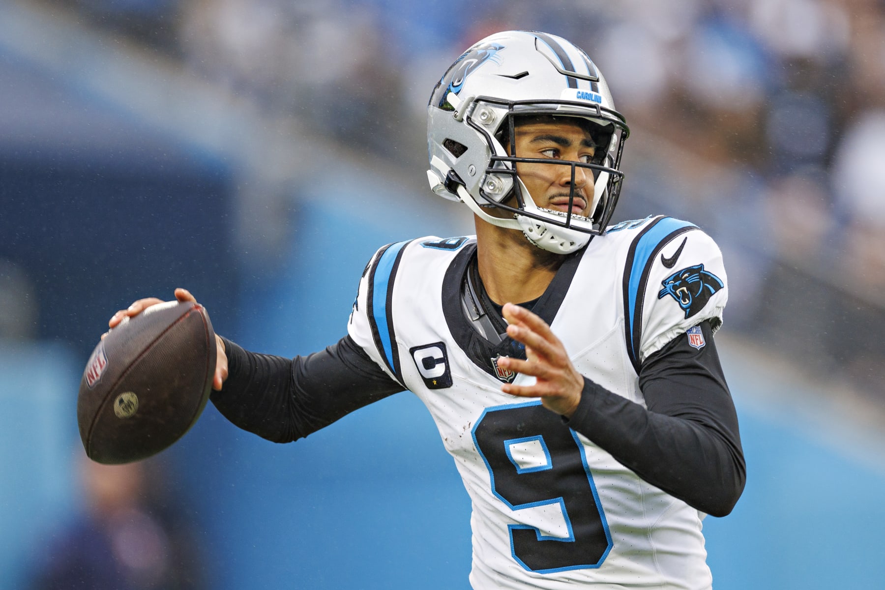 NASHVILLE, TENNESSEE - NOVEMBER 26: Bryce Young #9 of the Carolina Panthers throws a pass during the game against the Tennessee Titans at Nissan Stadium on November 26, 2023 in Nashville, Tennessee. The Titans defeated the Panthers 17-10.  (Photo by Wesley Hitt/Getty Images)