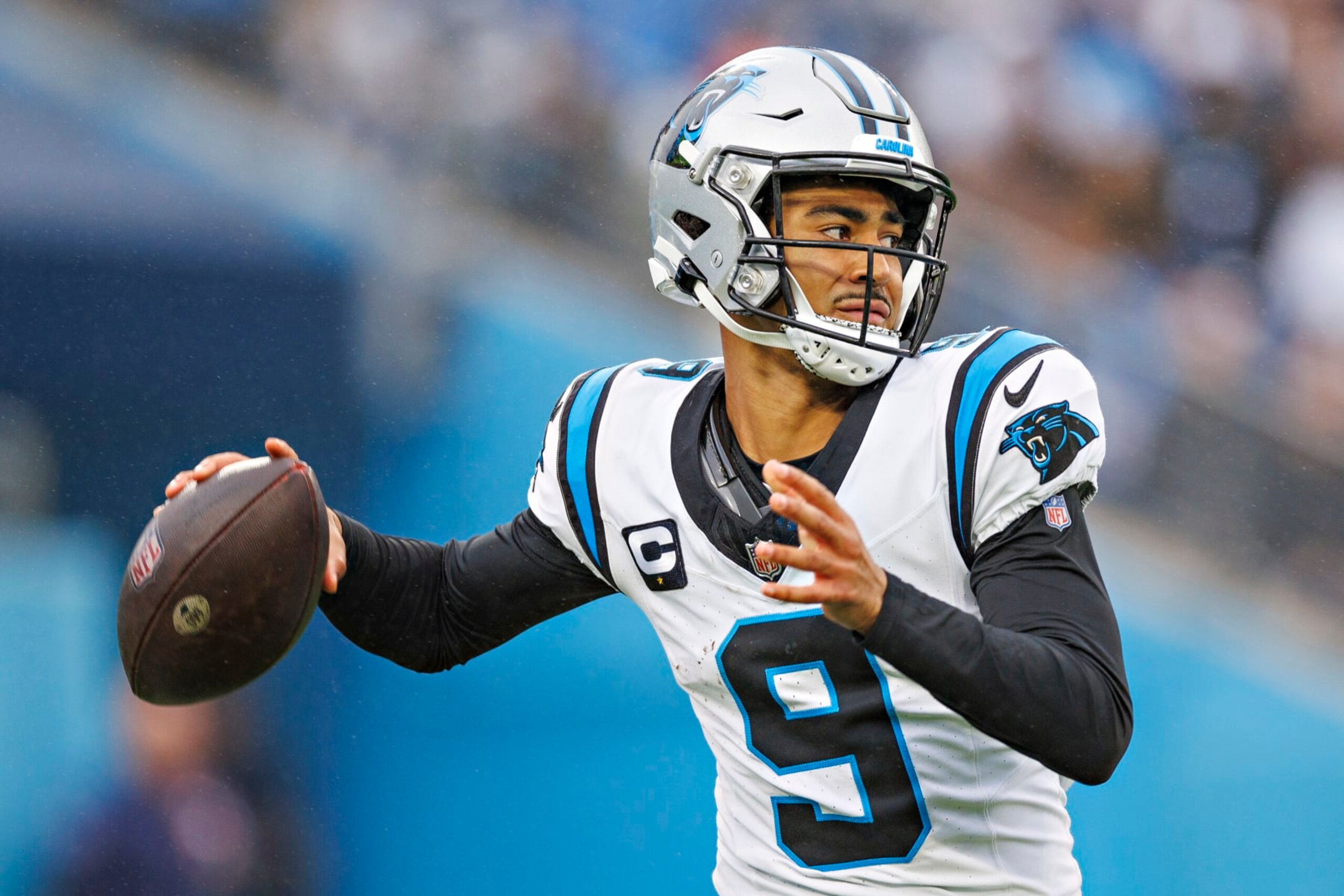 NASHVILLE, TENNESSEE - NOVEMBER 26: Bryce Young #9 of the Carolina Panthers throws a pass during the game against the Tennessee Titans at Nissan Stadium on November 26, 2023 in Nashville, Tennessee. The Titans defeated the Panthers 17-10.  (Photo by Wesley Hitt/Getty Images)