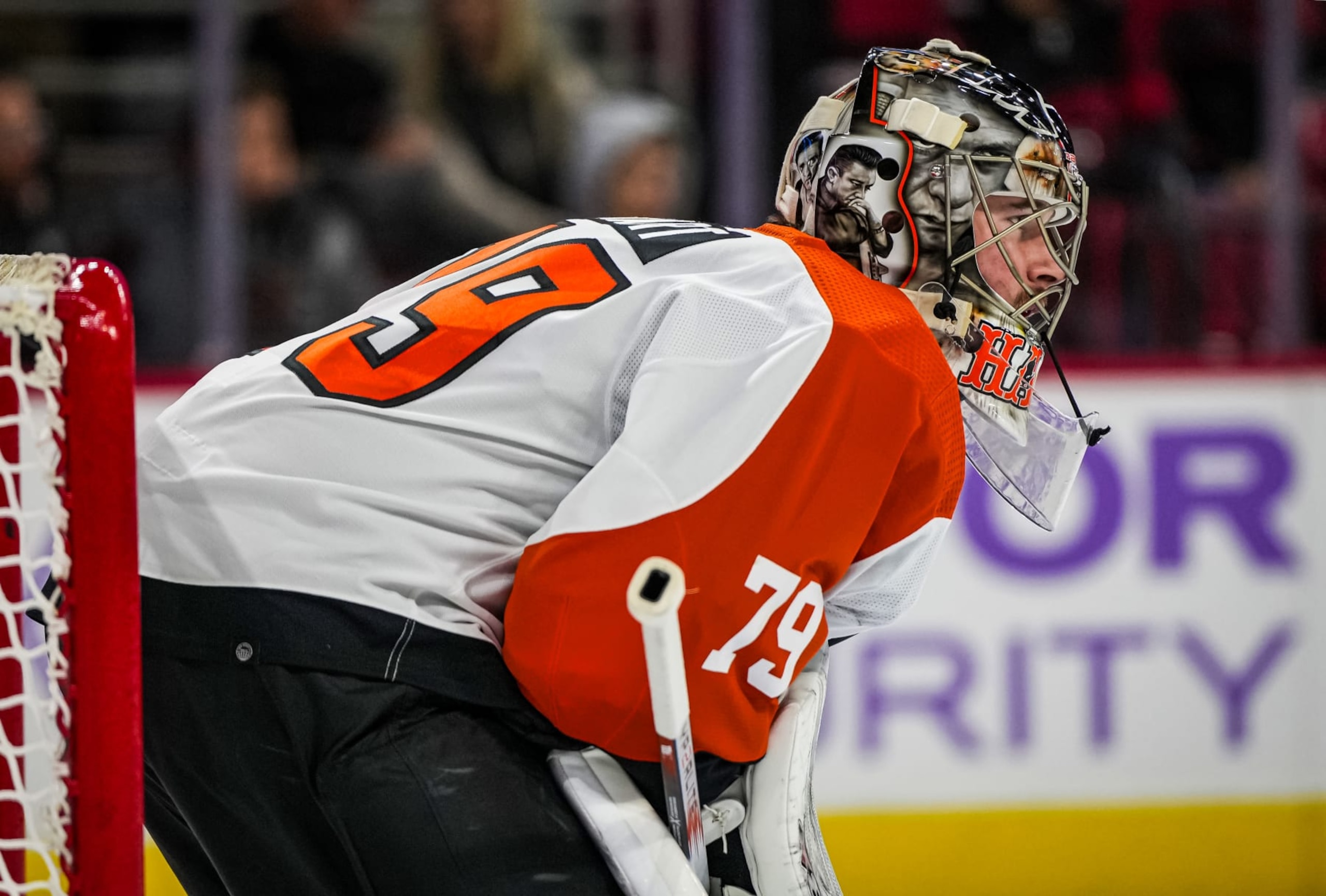 RALEIGH, NORTH CAROLINA - NOVEMBER 15:  Carter Hart #79 of the Philadelphia Flyers tends net during the first period against the Carolina Hurricanes at PNC Arena on November 15, 2023 in Raleigh, North Carolina. (Photo by Josh Lavallee/NHLI via Getty Images)