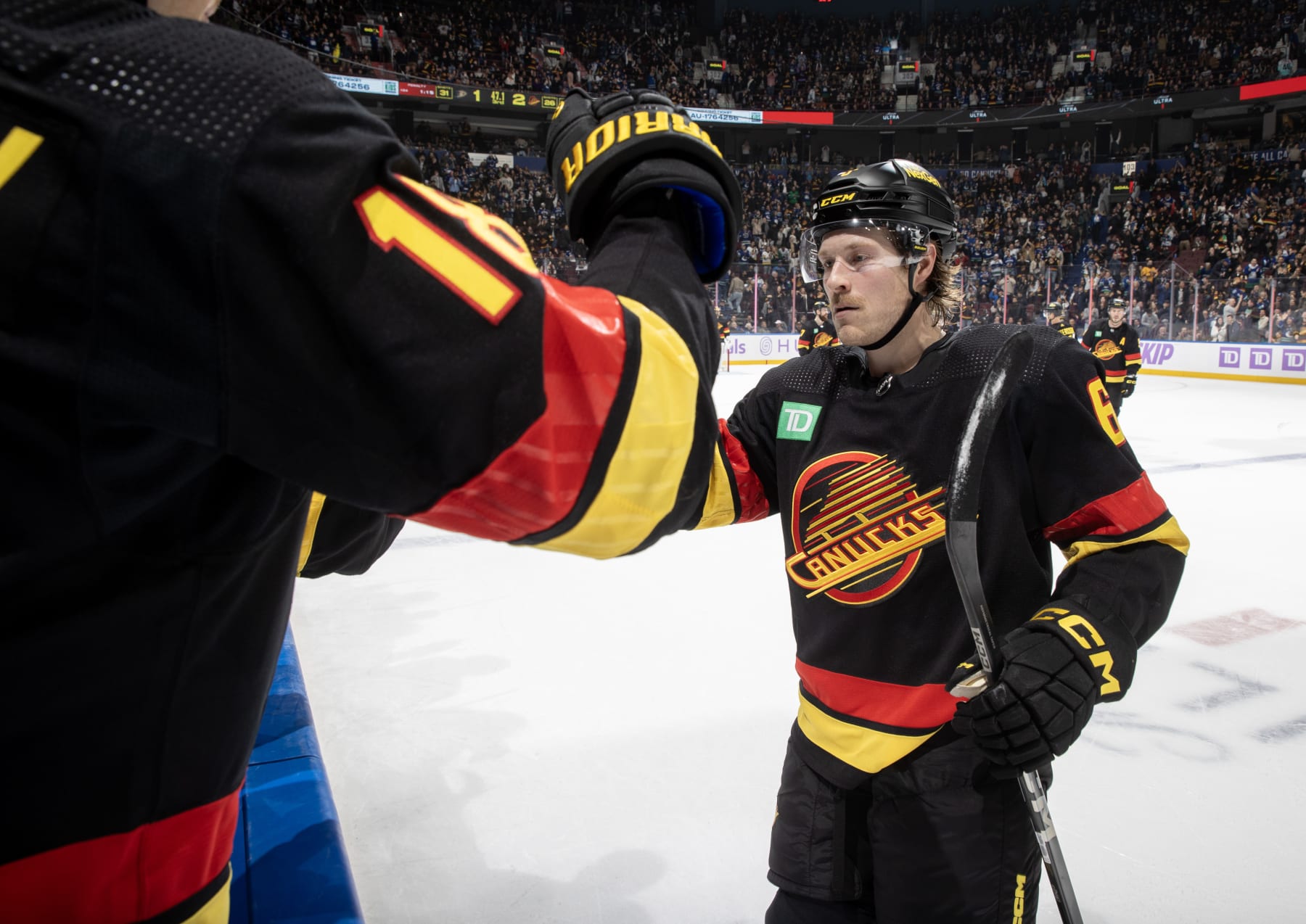 VANCOUVER, CANADA - NOVEMBER 28: Brock Boeser #6 of the Vancouver Canucks scores his second goal during the final seconds of their NHL game against the Anaheim Ducks at Rogers Arena on November 28, 2023 in Vancouver, British Columbia, Canada.  (Photo by Jeff Vinnick/NHLI via Getty Images)