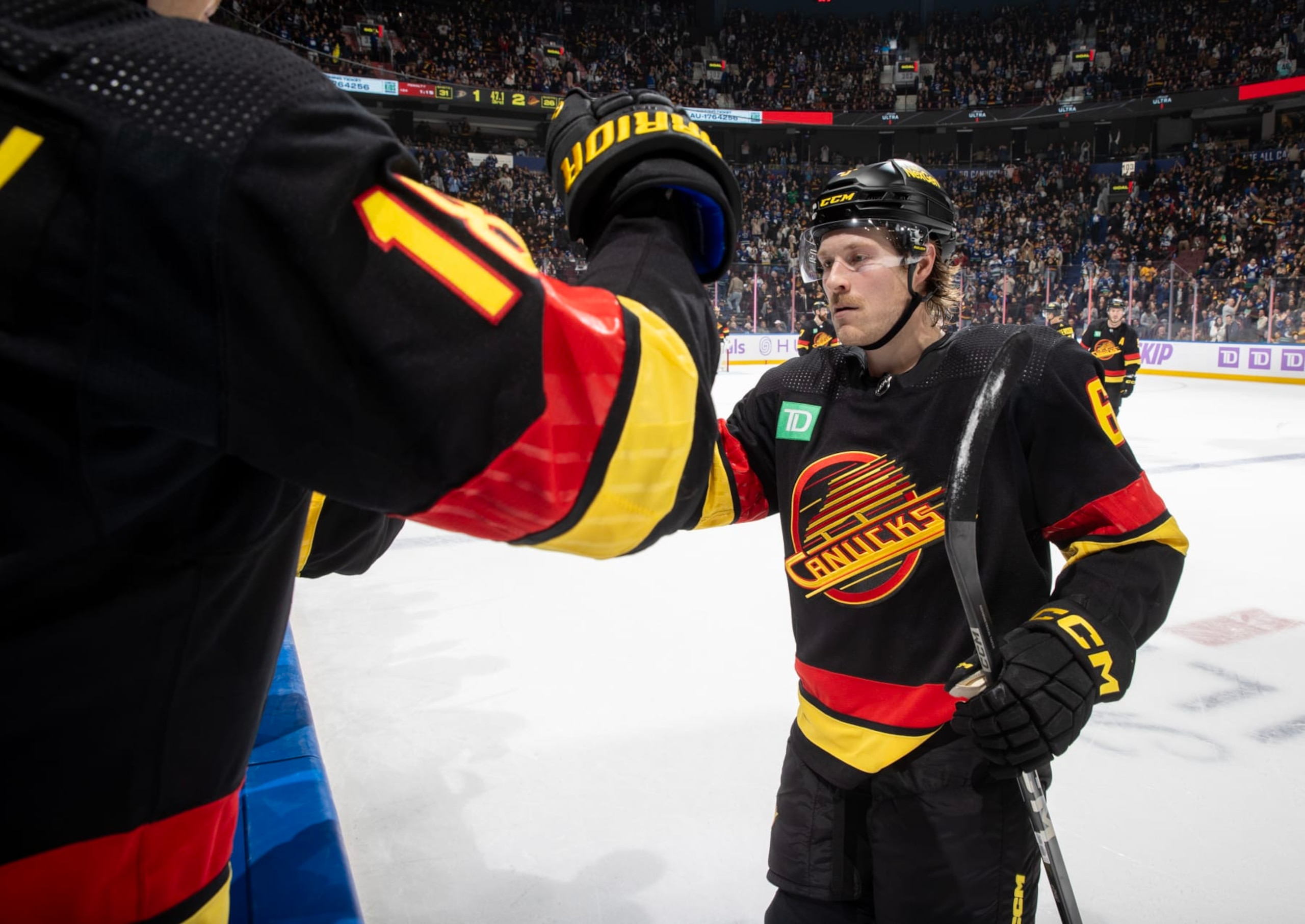 VANCOUVER, CANADA - NOVEMBER 28: Brock Boeser #6 of the Vancouver Canucks scores his second goal during the final seconds of their NHL game against the Anaheim Ducks at Rogers Arena on November 28, 2023 in Vancouver, British Columbia, Canada.  (Photo by Jeff Vinnick/NHLI via Getty Images)
