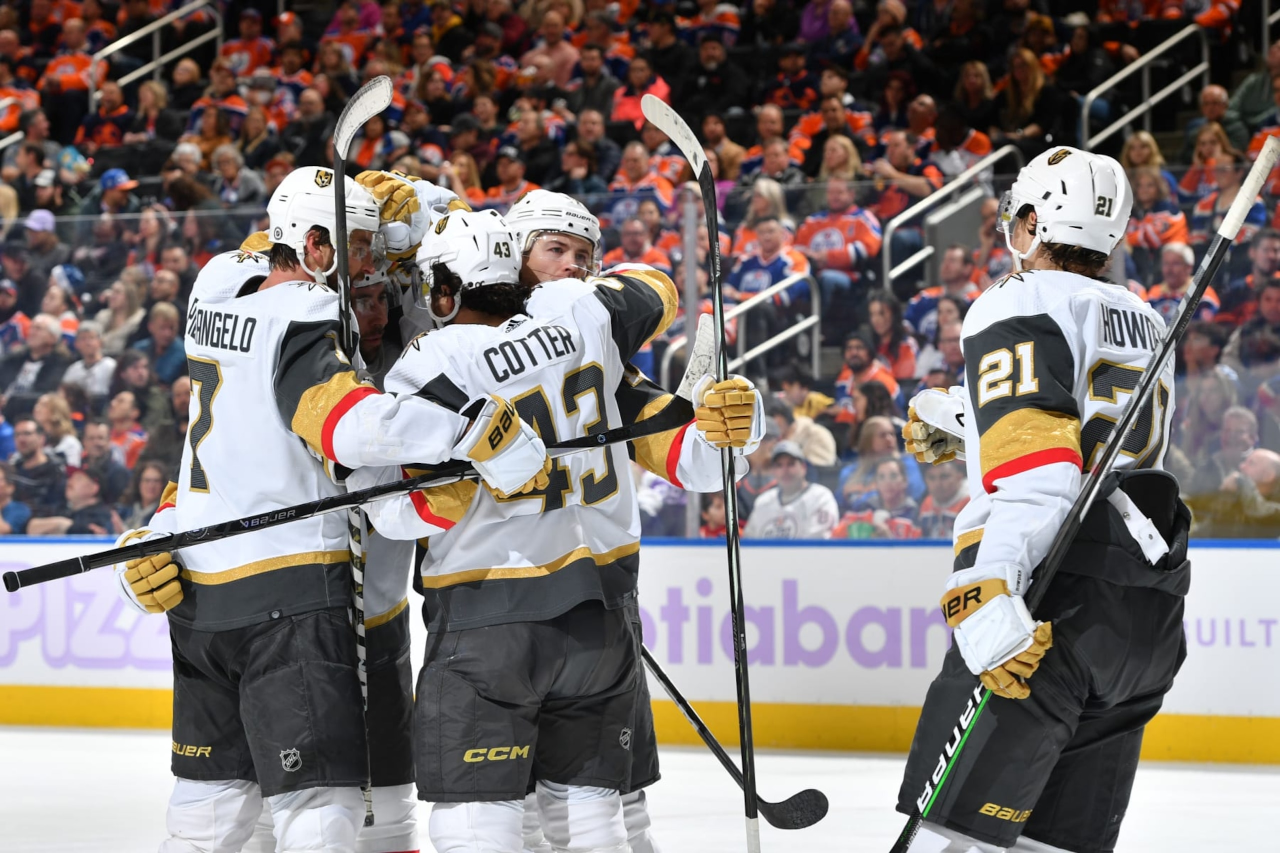 EDMONTON, CANADA - NOVEMBER 28: Ben Hutton #17 of the Vegas Golden Knights celebrates a third period goal against the Edmonton Oilers with his teammates during the game at Rogers Place on November 28, 2023, in Edmonton, Alberta, Canada. (Photo by Andy Devlin/NHLI via Getty Images)