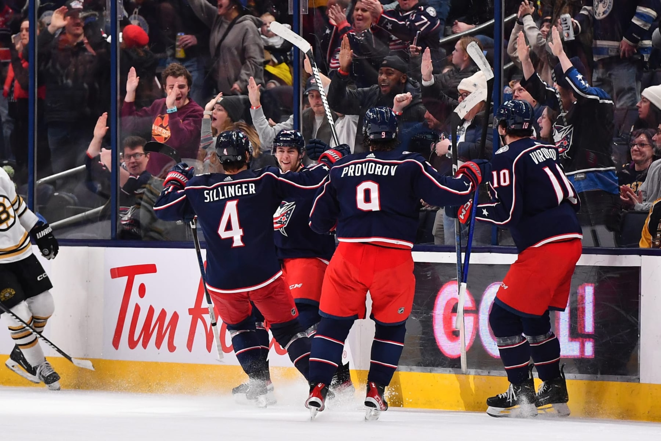 COLUMBUS, OHIO - NOVEMBER 27: Yegor Chinakhov #59 of the Columbus Blue Jackets celebrates his second period goal with his teammates during a game against the Boston Bruins at Nationwide Arena on November 27, 2023 in Columbus, Ohio. (Photo by Ben Jackson/NHLI via Getty Images)