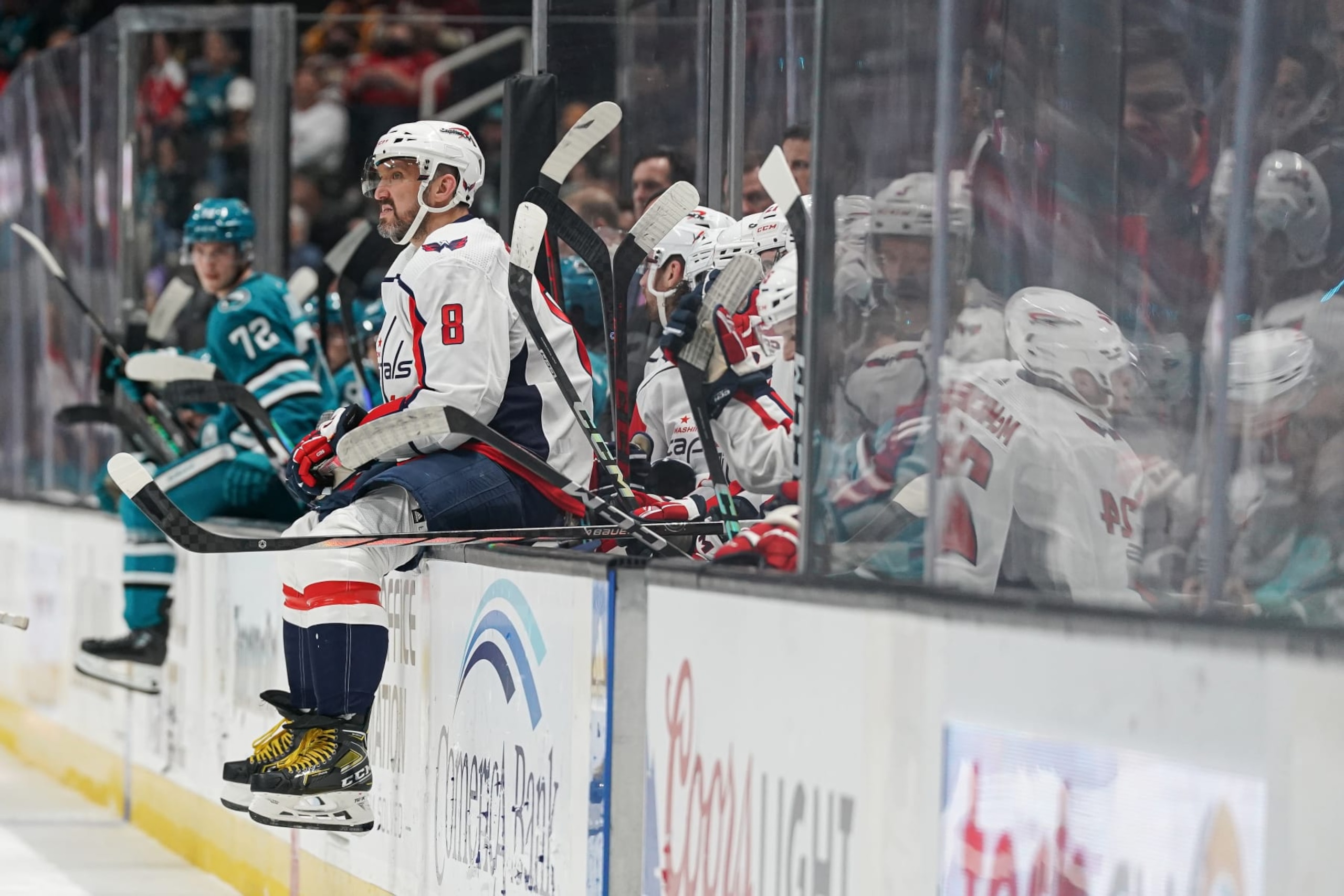 SAN JOSE, CA - NOVEMBER 27: Alex Ovechkin #8 of the Washington Capitals waits on the bench between plays against the San Jose Sharks at SAP Center on November 27, 2023 in San Jose, California. (Photo by Kavin Mistry/NHLI via Getty Images)