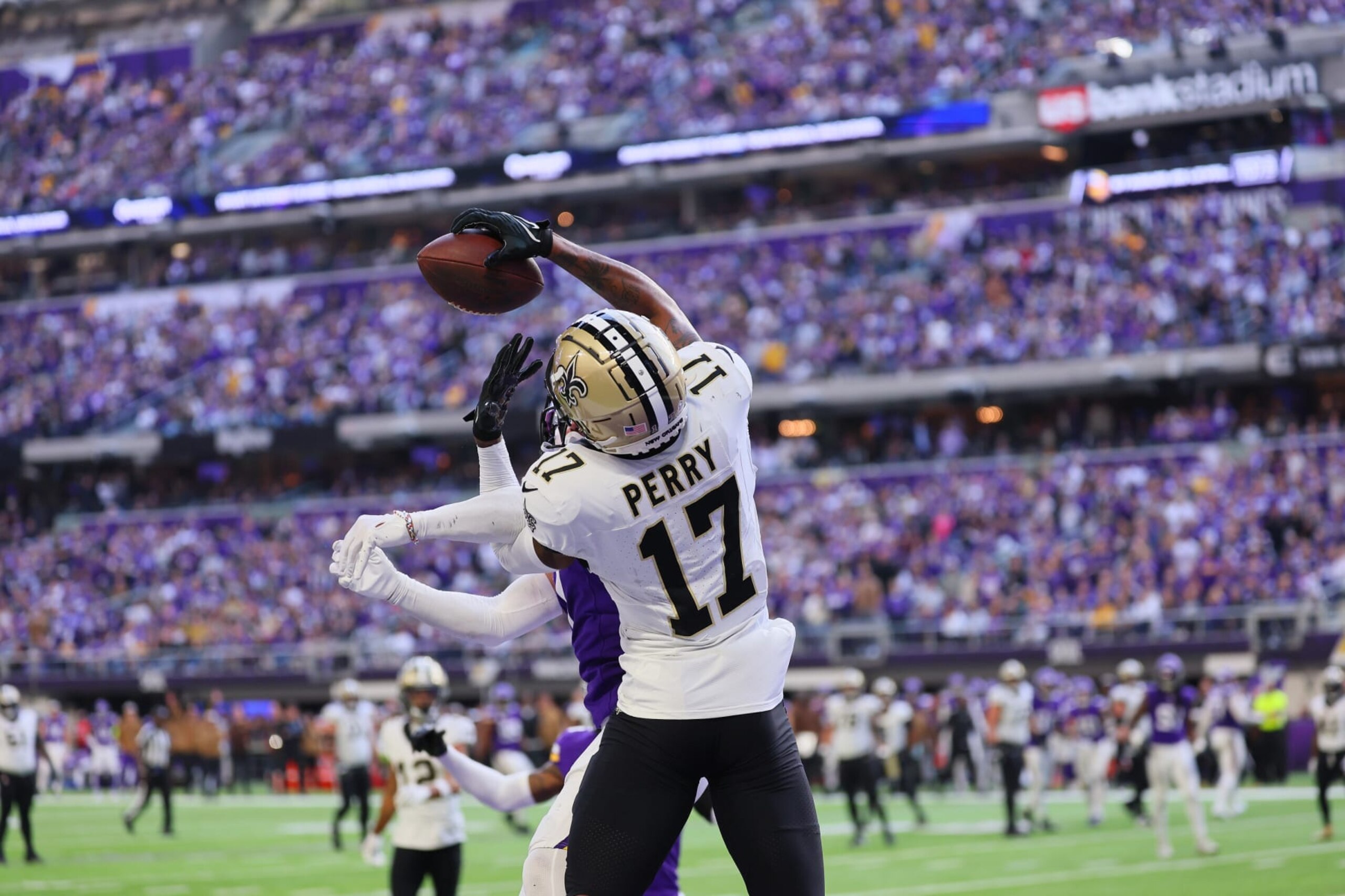 MINNEAPOLIS, MINNESOTA - NOVEMBER 12: Mekhi Blackmon #5 of the Minnesota Vikings breaks up a pass intended for A.T. Perry #17 of the New Orleans Saints in the second half at U.S. Bank Stadium on November 12, 2023 in Minneapolis, Minnesota. The Minnesota Vikings defeated the New Orleans Saints 27-19.(Photo by Adam Bettcher/Getty Images)