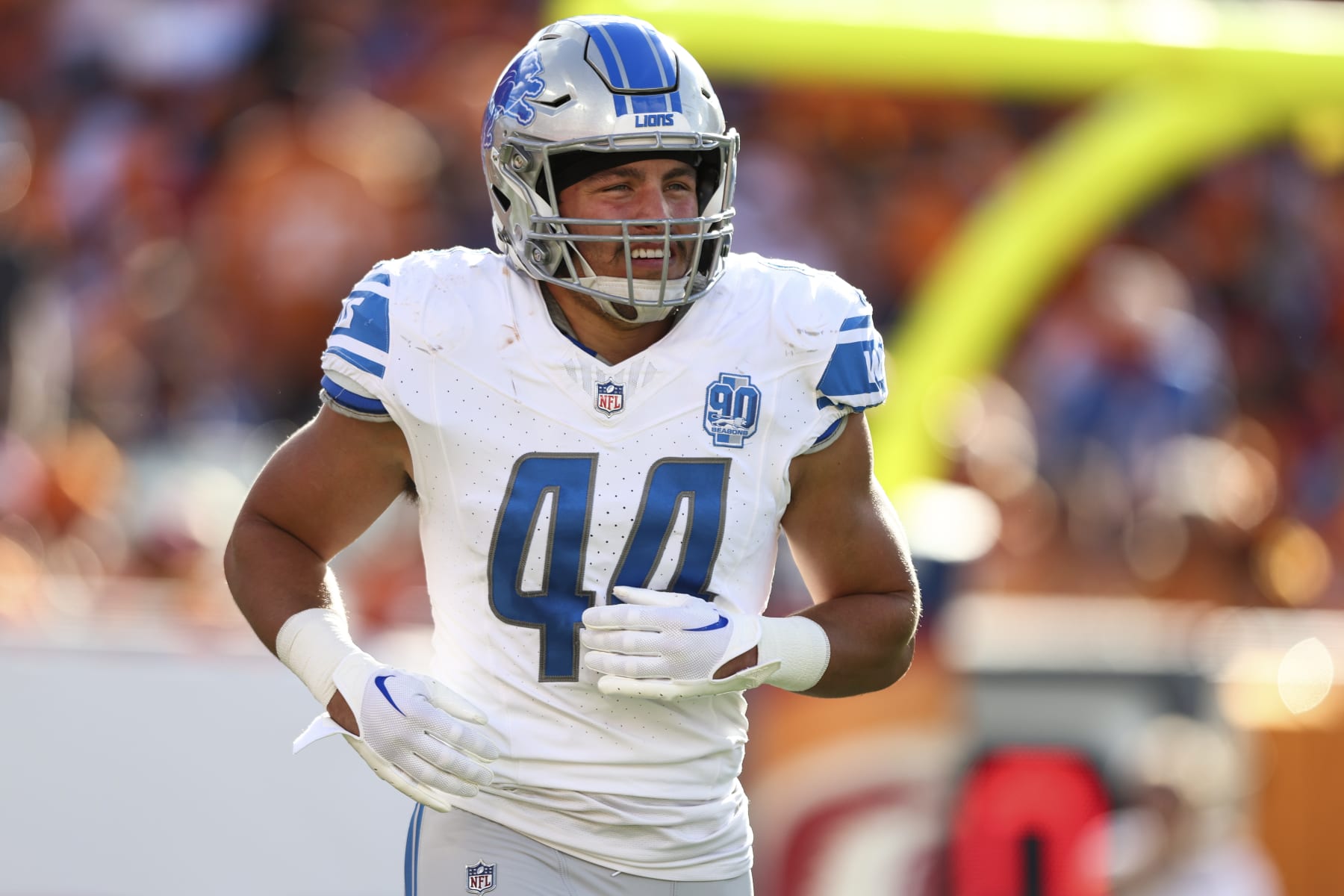 TAMPA, FL - OCTOBER 15: Malcolm Rodriguez #44 of the Detroit Lions jogs to the sidelines after a play during an NFL football game against the Tampa Bay Buccaneers at Raymond James Stadium on October 15, 2023 in Tampa, Florida. (Photo by Kevin Sabitus/Getty Images)