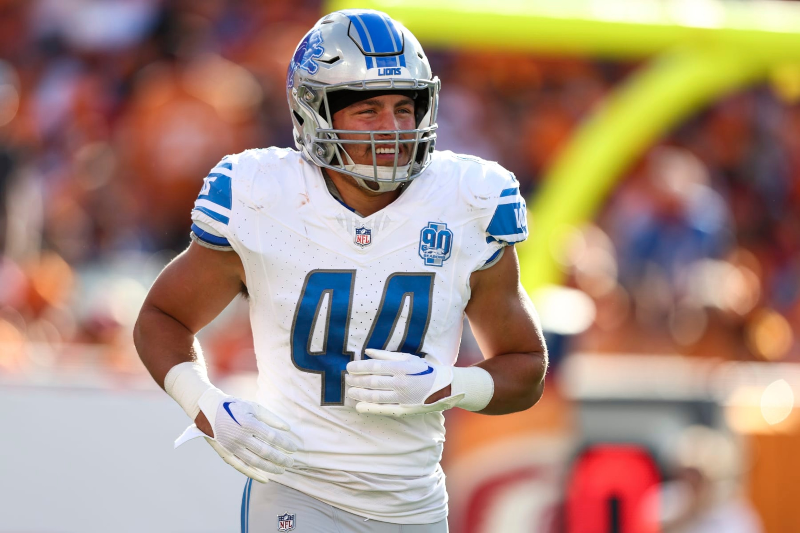TAMPA, FL - OCTOBER 15: Malcolm Rodriguez #44 of the Detroit Lions jogs to the sidelines after a play during an NFL football game against the Tampa Bay Buccaneers at Raymond James Stadium on October 15, 2023 in Tampa, Florida. (Photo by Kevin Sabitus/Getty Images) TAMPA, FL - OCTOBER 15: Malcolm Rodriguez #44 of the Detroit Lions jogs to the sidelines after a play during an NFL football game against the Tampa Bay Buccaneers at Raymond James Stadium on October 15, 2023 in Tampa, Florida. (Photo by Kevin Sabitus/Getty Images)