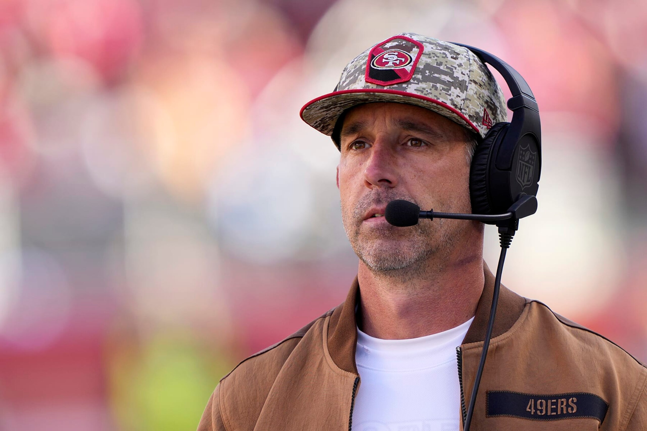 SANTA CLARA, CALIFORNIA - NOVEMBER 19: Head coach Kyle Shanahan of the San Francisco 49ers looks on during the first quarter of a game against the Tampa Bay Buccaneers at Levi's Stadium on November 19, 2023 in Santa Clara, California. (Photo by Thearon W. Henderson/Getty Images)