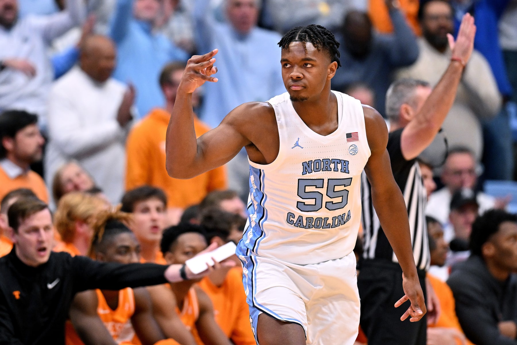 CHAPEL HILL, NORTH CAROLINA - NOVEMBER 29: Harrison Ingram #55 of the North Carolina Tar Heels gestures after making a three-point basket against the Tennessee Volunteers during the first half at the Dean E. Smith Center on November 29, 2023 in Chapel Hill, North Carolina. (Photo by Grant Halverson/Getty Images)
