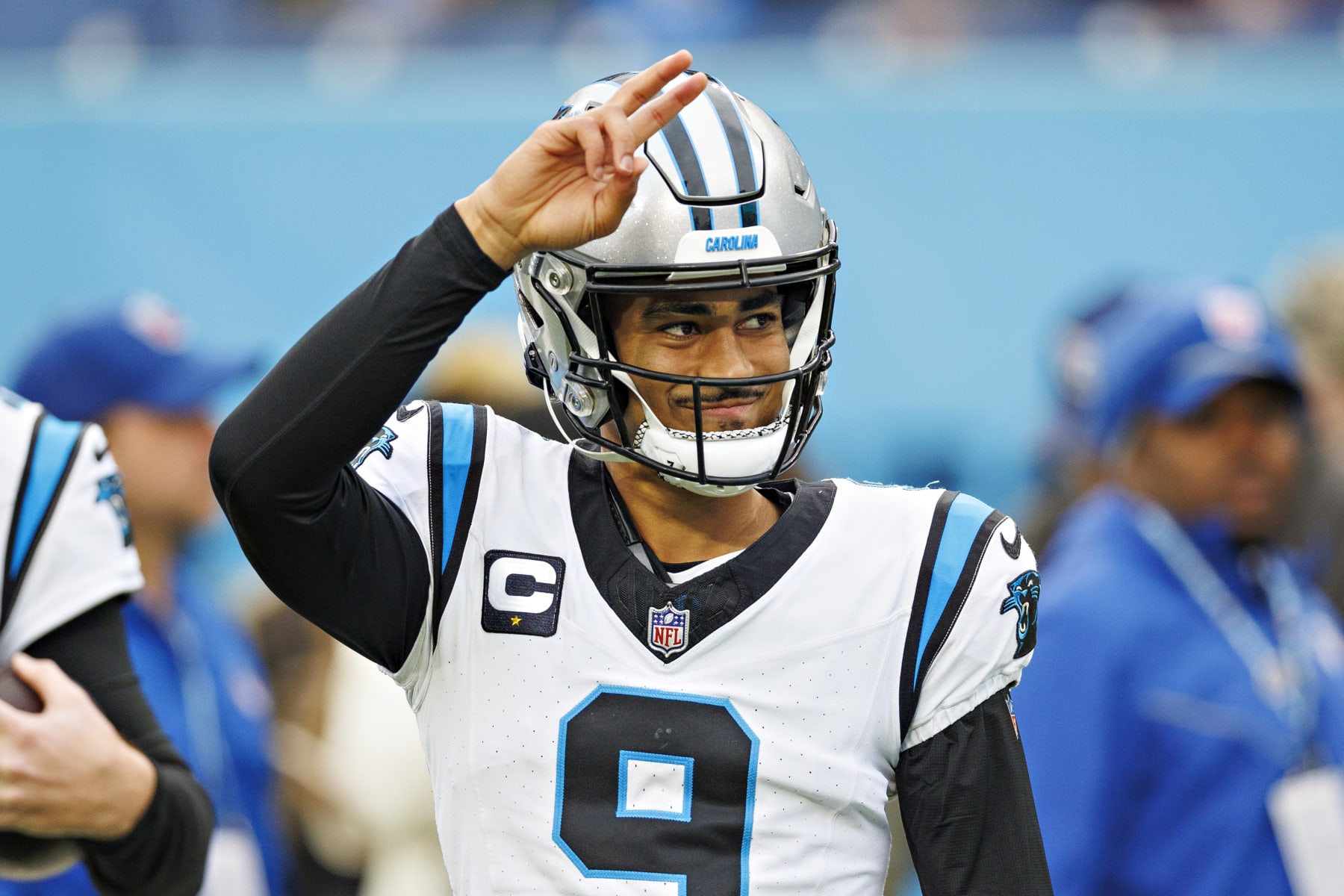 NASHVILLE, TENNESSEE - NOVEMBER 26: Bryce Young #9 of the Carolina Panthers waves to the crowd before the game against the Tennessee Titans at Nissan Stadium on November 26, 2023 in Nashville, Tennessee. The Titans defeated the Panthers 17-10.  (Photo by Wesley Hitt/Getty Images)