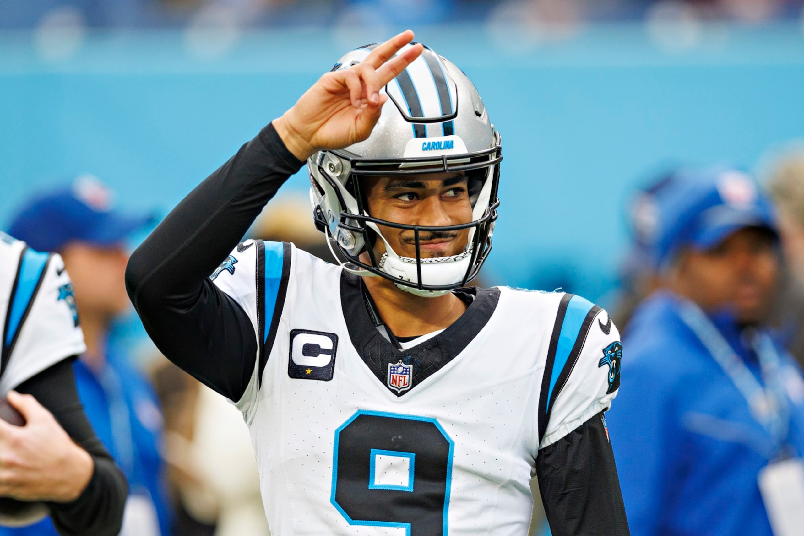 NASHVILLE, TENNESSEE - NOVEMBER 26: Bryce Young #9 of the Carolina Panthers waves to the crowd before the game against the Tennessee Titans at Nissan Stadium on November 26, 2023 in Nashville, Tennessee. The Titans defeated the Panthers 17-10. (Photo by Wesley Hitt/Getty Images) NASHVILLE, TENNESSEE - NOVEMBER 26: Bryce Young #9 of the Carolina Panthers waves to the crowd before the game against the Tennessee Titans at Nissan Stadium on November 26, 2023 in Nashville, Tennessee. The Titans defeated the Panthers 17-10. (Photo by Wesley Hitt/Getty Images)