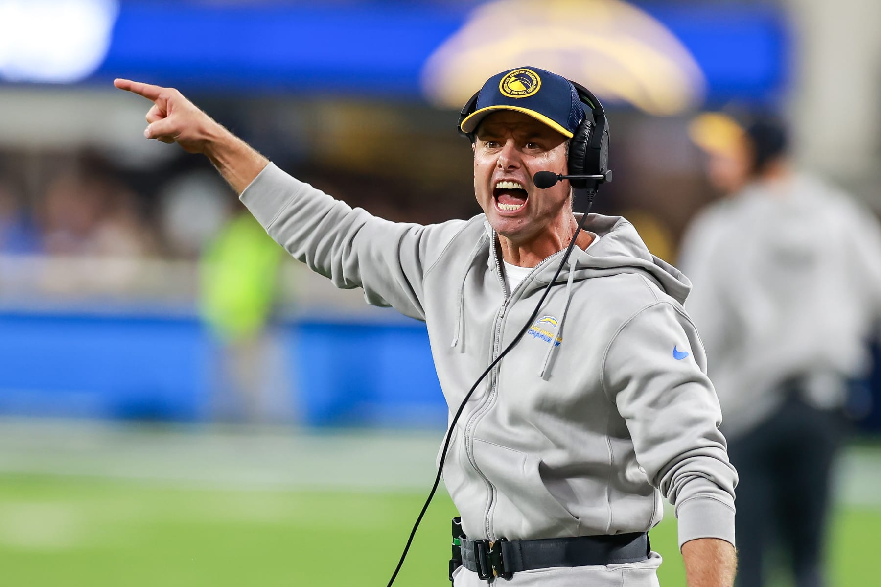 INGLEWOOD, CA - NOVEMBER 26: Los Angeles Chargers Brandon Staley upset during the Baltimore Ravens game versus the Los Angeles Chargers at Sofi Stadium in Inglewood, CA. (Photo by Jevone Moore/Icon Sportswire via Getty Images)