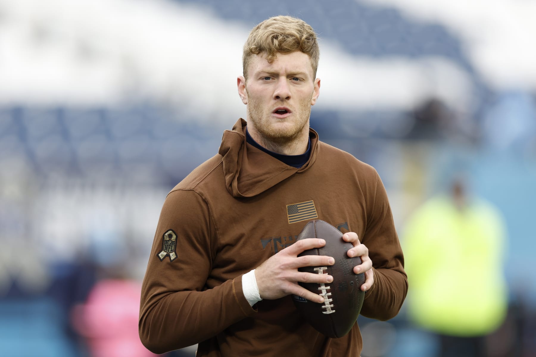 NASHVILLE, TENNESSEE - NOVEMBER 26: Will Levis #8 of the Tennessee Titans warms up prior to a game against the Carolina Panthers at Nissan Stadium on November 26, 2023 in Nashville, Tennessee. (Photo by Wesley Hitt/Getty Images)
