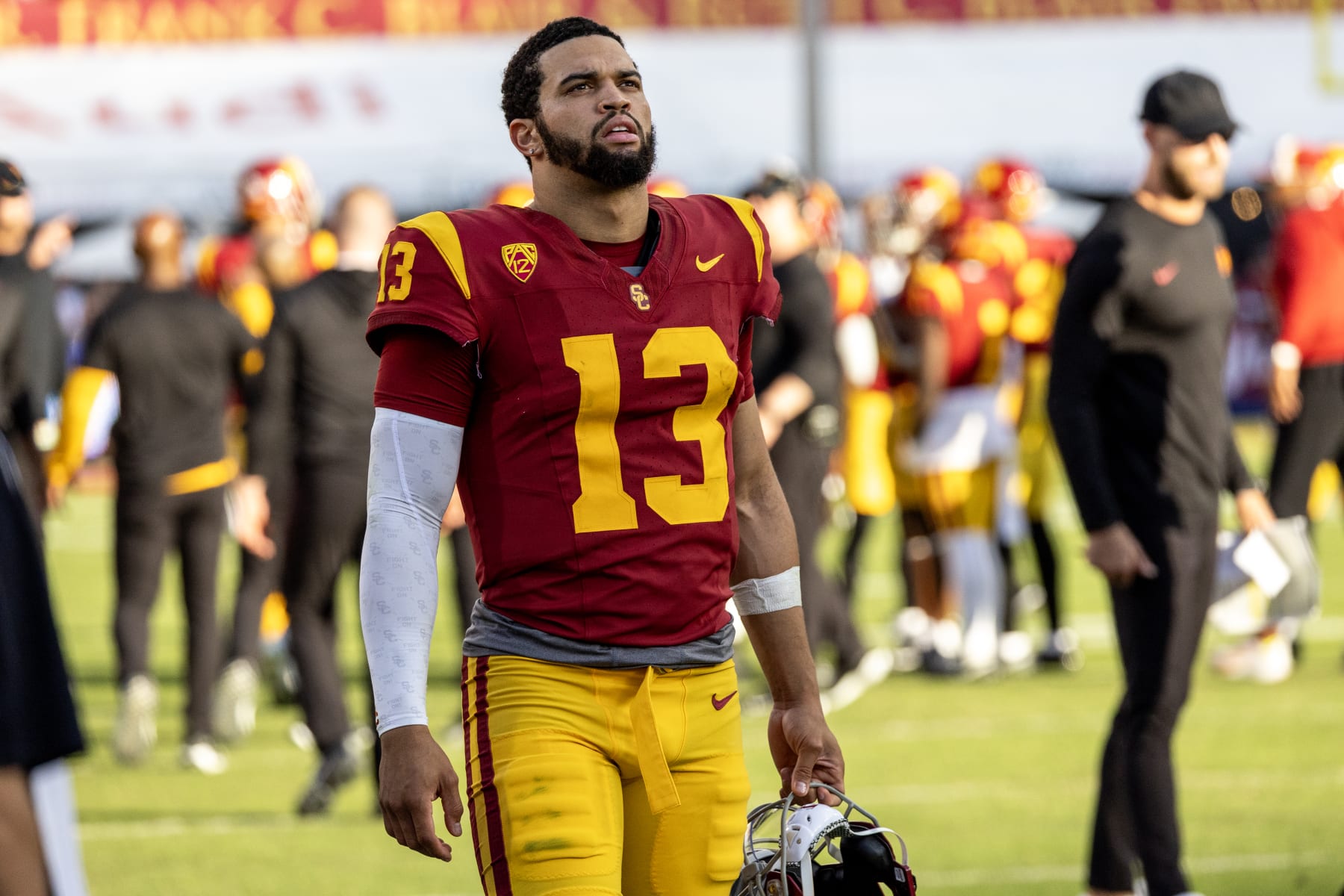LOS ANGELES, CA  - NOVEMBER 18, 2023: USC Trojans quarterback Caleb Williams (13) paces the sidelines during the fourth quarter of the team's 38-20 loss to UCLA at the LA Memorial Coliseum on November 18, 2023 in Los Angeles, California.(Gina Ferazzi / Los Angeles Times via Getty Images)