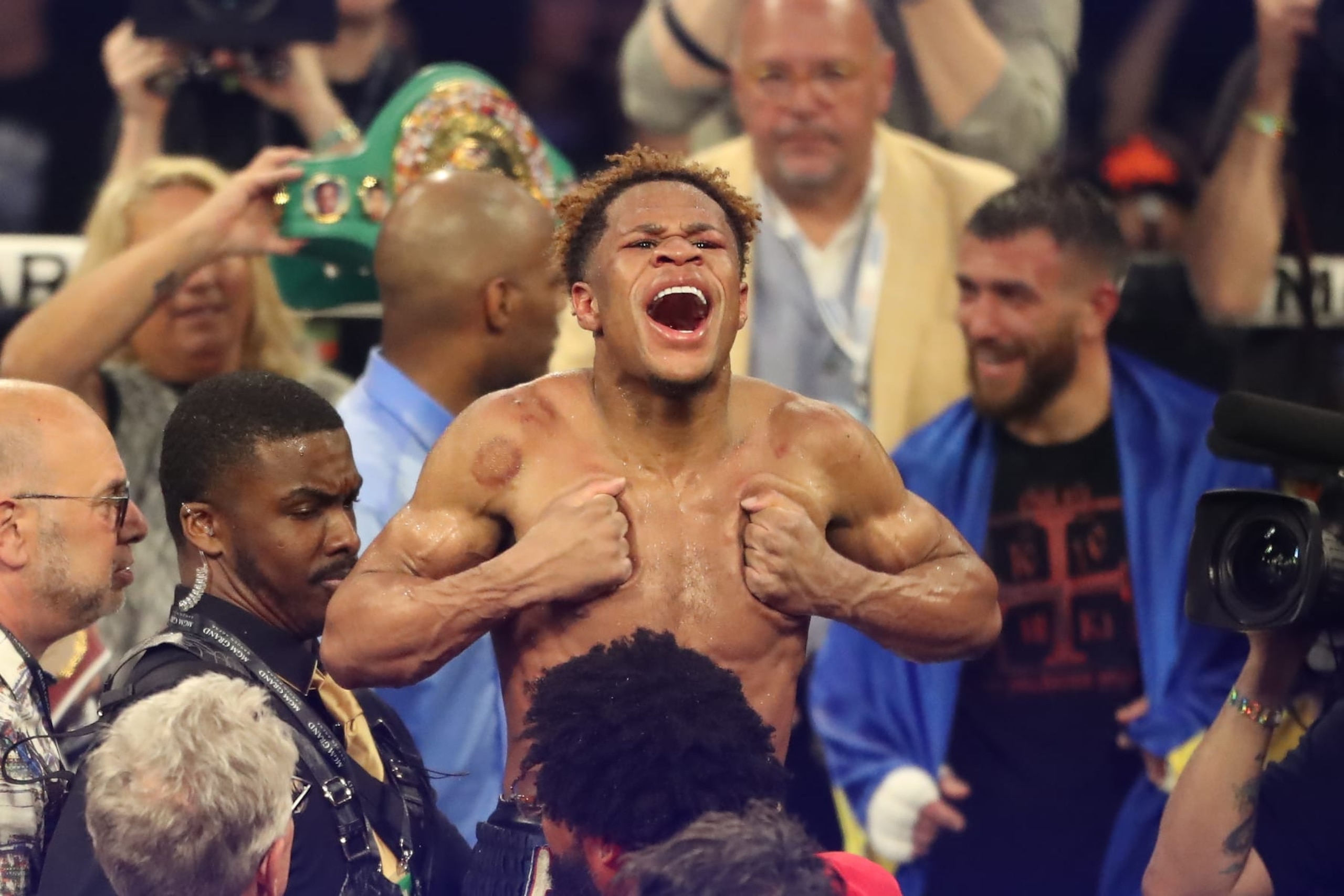 LAS VEGAS, NV - MAY 20: Devin Haney celebrates his victory over Vasyl Lomachenko in their 12-round main-event Undisputed Lightweight Title bout at TopRank on ESPN - Haney v Loma at MGM Grand Garden Arena on May 20, 2023 in Las Vegas, NV. (Photo by Alejandro Salazar/PxImages/Icon Sportswire via Getty Images) LAS VEGAS, NV - MAY 20: Devin Haney celebrates his victory over Vasyl Lomachenko in their 12-round main-event Undisputed Lightweight Title bout at TopRank on ESPN - Haney v Loma at MGM Grand Garden Arena on May 20, 2023 in Las Vegas, NV. (Photo by Alejandro Salazar/PxImages/Icon Sportswire via Getty Images)