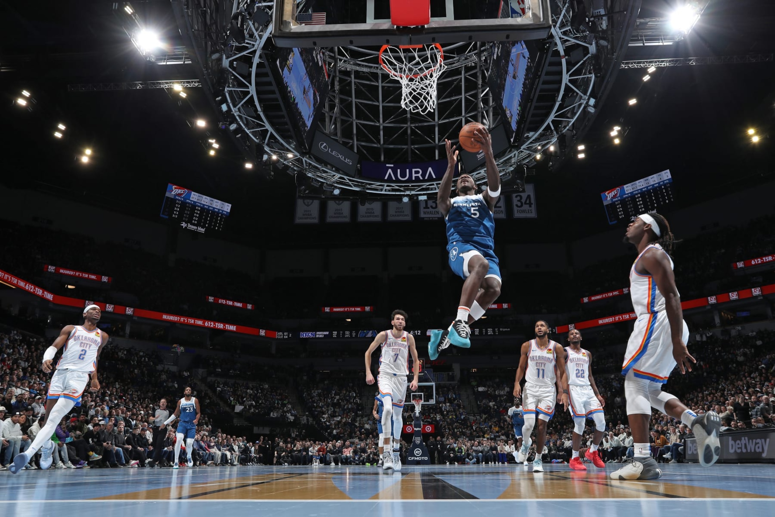 MINNEAPOLIS, MN -  NOVEMBER 28: Anthony Edwards #5 of the Minnesota Timberwolves shoots the ball during the game against the Oklahoma City Thunder during the In-Season Tournament on November 28, 2023 at Target Center in Minneapolis, Minnesota. NOTE TO USER: User expressly acknowledges and agrees that, by downloading and or using this Photograph, user is consenting to the terms and conditions of the Getty Images License Agreement. Mandatory Copyright Notice: Copyright 2023 NBAE (Photo by Jordan Johnson/NBAE via Getty Images)