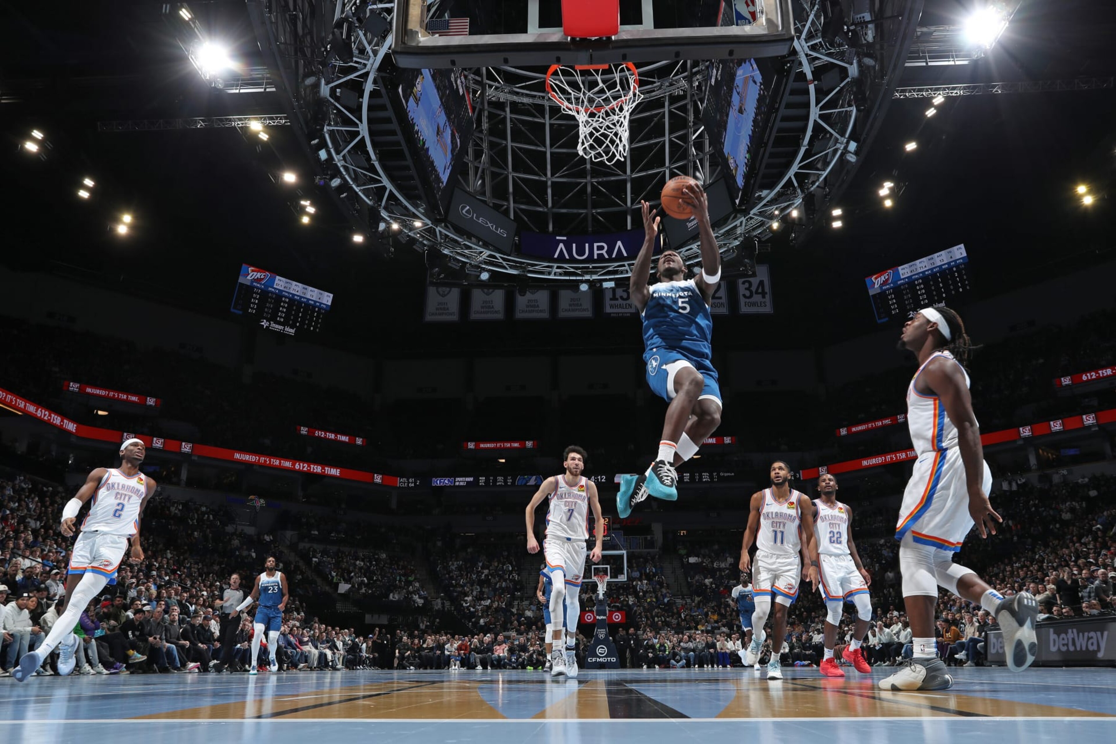 MINNEAPOLIS, MN - NOVEMBER 28: Anthony Edwards #5 of the Minnesota Timberwolves shoots the ball during the game against the Oklahoma City Thunder during the In-Season Tournament on November 28, 2023 at Target Center in Minneapolis, Minnesota. NOTE TO USER: User expressly acknowledges and agrees that, by downloading and or using this Photograph, user is consenting to the terms and conditions of the Getty Images License Agreement. Mandatory Copyright Notice: Copyright 2023 NBAE (Photo by Jordan Johnson/NBAE via Getty Images) MINNEAPOLIS, MN - NOVEMBER 28: Anthony Edwards #5 of the Minnesota Timberwolves shoots the ball during the game against the Oklahoma City Thunder during the In-Season Tournament on November 28, 2023 at Target Center in Minneapolis, Minnesota. NOTE TO USER: User expressly acknowledges and agrees that, by downloading and or using this Photograph, user is consenting to the terms and conditions of the Getty Images License Agreement. Mandatory Copyright Notice: Copyright 2023 NBAE (Photo by Jordan Johnson/NBAE via Getty Images)