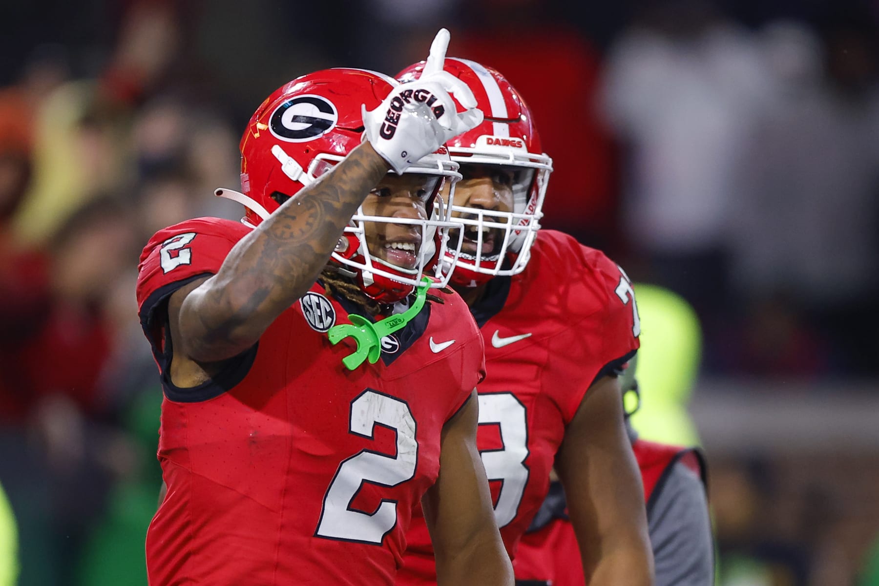 ATLANTA, GEORGIA - NOVEMBER 25: Kendall Milton #2 of the Georgia Bulldogs reacts following a touchdown during the third quarter against the Georgia Tech Yellow Jackets at Bobby Dodd Stadium on November 25, 2023 in Atlanta, Georgia. (Photo by Todd Kirkland/Getty Images)