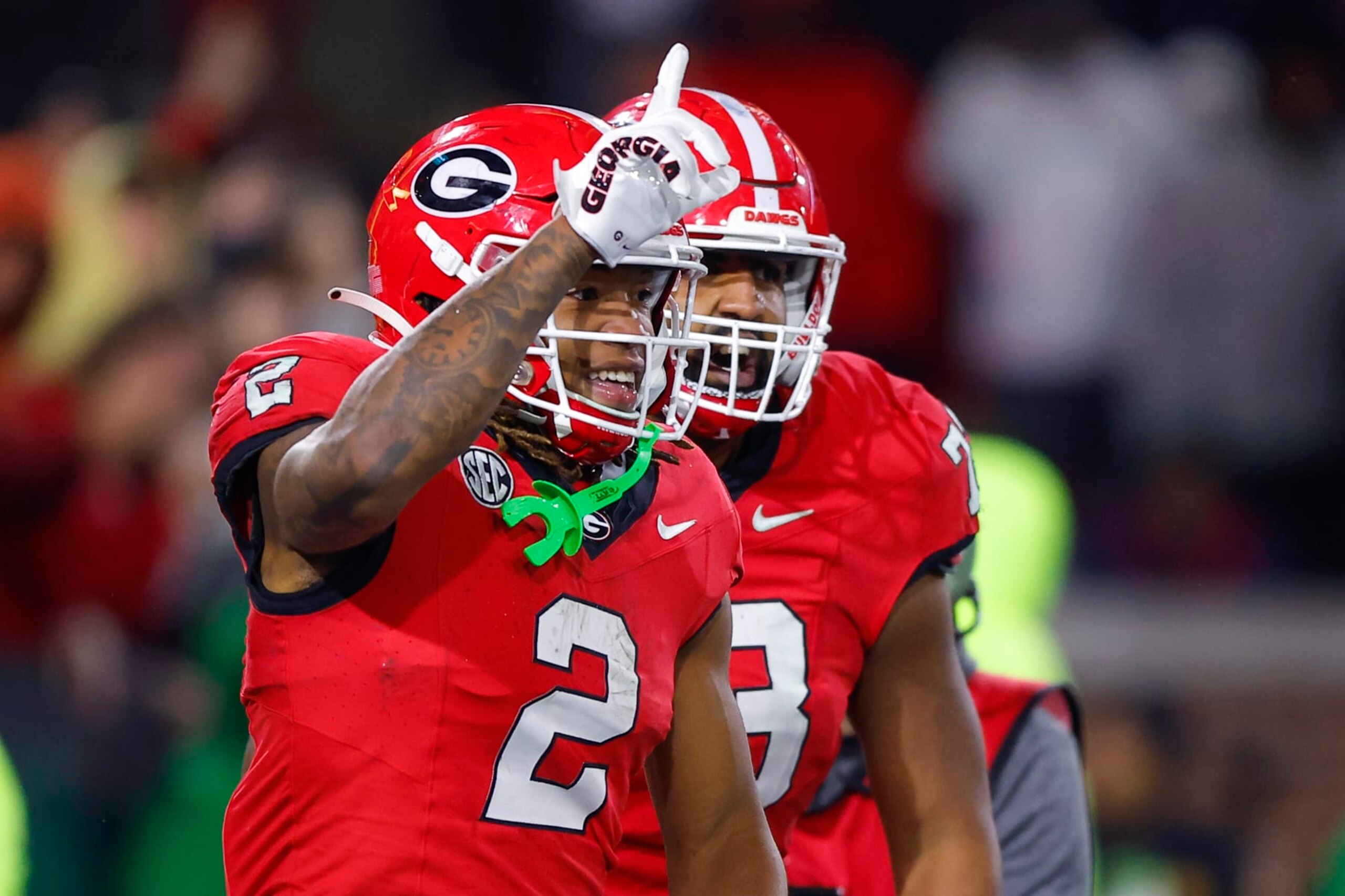 ATLANTA, GEORGIA - NOVEMBER 25: Kendall Milton #2 of the Georgia Bulldogs reacts following a touchdown during the third quarter against the Georgia Tech Yellow Jackets at Bobby Dodd Stadium on November 25, 2023 in Atlanta, Georgia. (Photo by Todd Kirkland/Getty Images) ATLANTA, GEORGIA - NOVEMBER 25: Kendall Milton #2 of the Georgia Bulldogs reacts following a touchdown during the third quarter against the Georgia Tech Yellow Jackets at Bobby Dodd Stadium on November 25, 2023 in Atlanta, Georgia. (Photo by Todd Kirkland/Getty Images)