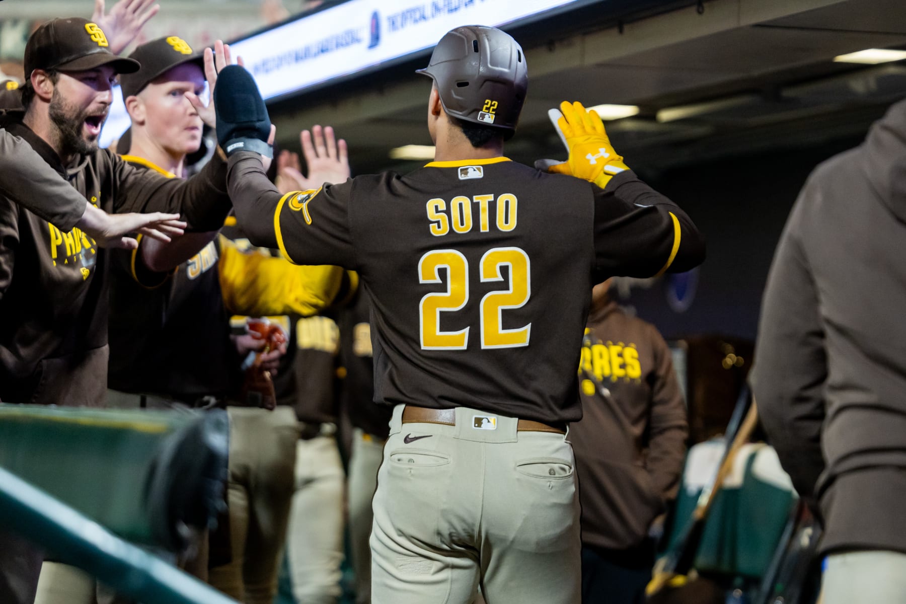SAN FRANCISCO, CA - SEPTEMBER 27: San Diego Padres Left field Juan Soto (22) celebrates scoring during the MLB professional baseball game between the San Diego Padres and the San Francisco Giants on September 27, 2023 at Oracle Park in San Francisco, CA. (Photo by Bob Kupbens/Icon Sportswire via Getty Images)