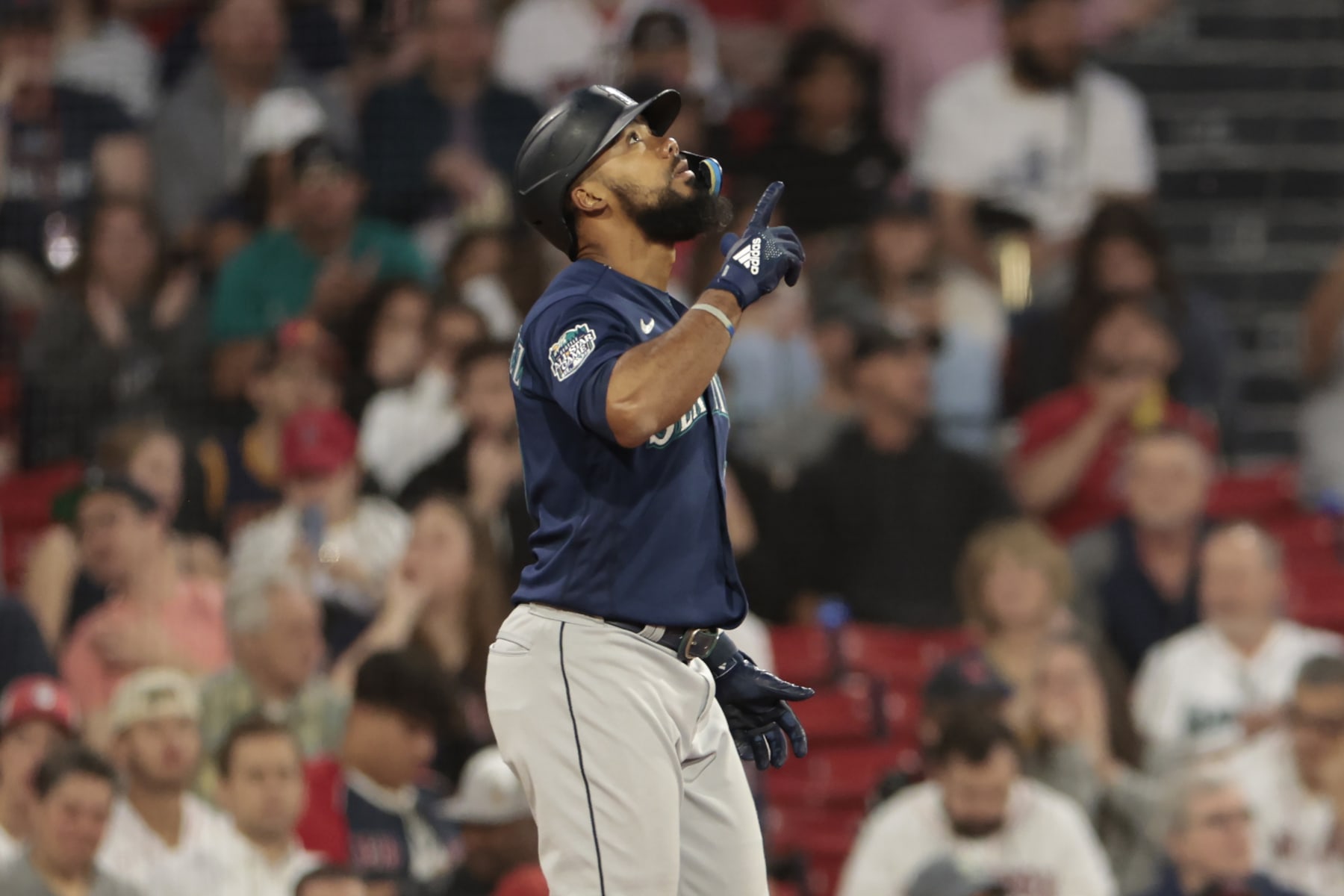 BOSTON, MASSACHUSETTS - MAY 16: Teoscar Hernandez #35 of the Seattle Mariners reacts after hitting a triple during the fourth inning against the Boston Red Sox at Fenway Park on May 16, 2023 in Boston, Massachusetts. (Photo by Nick Grace/Getty Images)