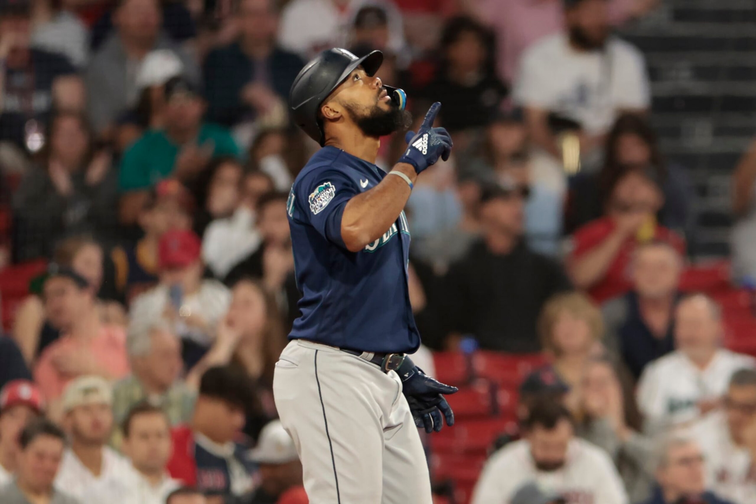 BOSTON, MASSACHUSETTS - MAY 16: Teoscar Hernandez #35 of the Seattle Mariners reacts after hitting a triple during the fourth inning against the Boston Red Sox at Fenway Park on May 16, 2023 in Boston, Massachusetts. (Photo by Nick Grace/Getty Images)