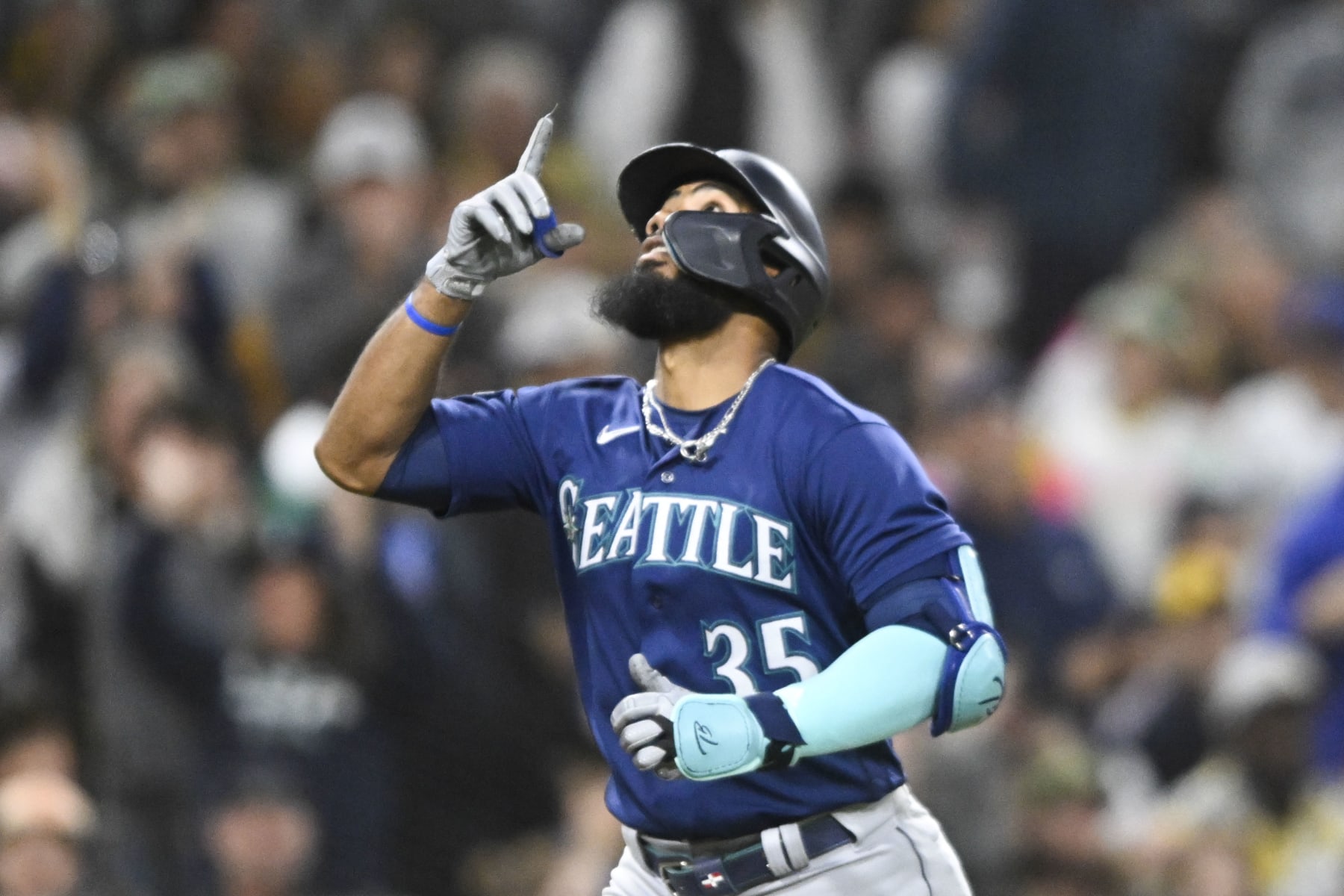 SAN DIEGO, CA - JUNE 6: Teoscar Hernandez #35 of the Seattle Mariners celebrates his solo home run in the sixth inning against the San Diego Padres June 6, 2023 at Petco Park in San Diego, California. (Photo by Denis Poroy/Getty Images)