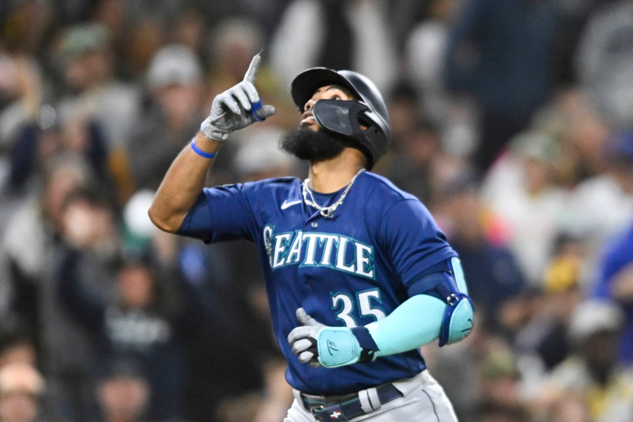 SAN DIEGO, CA - JUNE 6: Teoscar Hernandez #35 of the Seattle Mariners celebrates his solo home run in the sixth inning against the San Diego Padres June 6, 2023 at Petco Park in San Diego, California. (Photo by Denis Poroy/Getty Images)