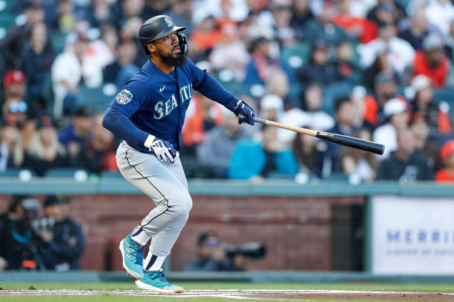SAN FRANCISCO, CA - JULY 03: Seattle Mariners designated hitter Teoscar Hernandez (35) watches his ball in flight in the first inning during a regular season game between the Seattle Mariners and San Francisco Giants on July 3, 2023 at Oracle Park in San Francisco, CA. (Photo by Brandon Sloter/Icon Sportswire via Getty Images)