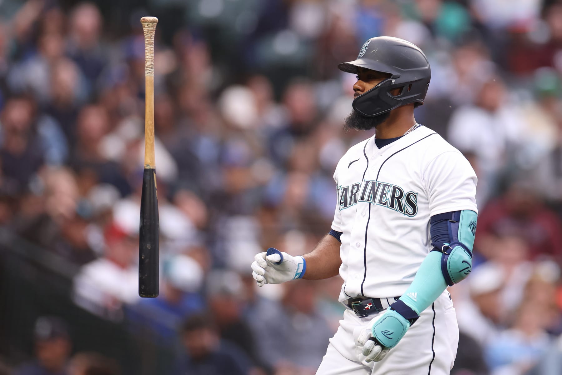 SEATTLE, WASHINGTON - JUNE 13: Teoscar Hernandez #35 of the Seattle Mariners strikes out against the Miami Marlins at T-Mobile Park on June 13, 2023 in Seattle, Washington. (Photo by Steph Chambers/Getty Images)