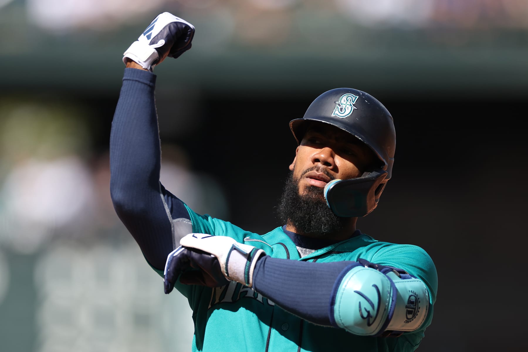 SEATTLE, WASHINGTON - SEPTEMBER 13: Teoscar Hernandez #35 of the Seattle Mariners celebrates his RBI single during the fifth inning against the Los Angeles Angels at T-Mobile Park on September 13, 2023 in Seattle, Washington. (Photo by Steph Chambers/Getty Images)